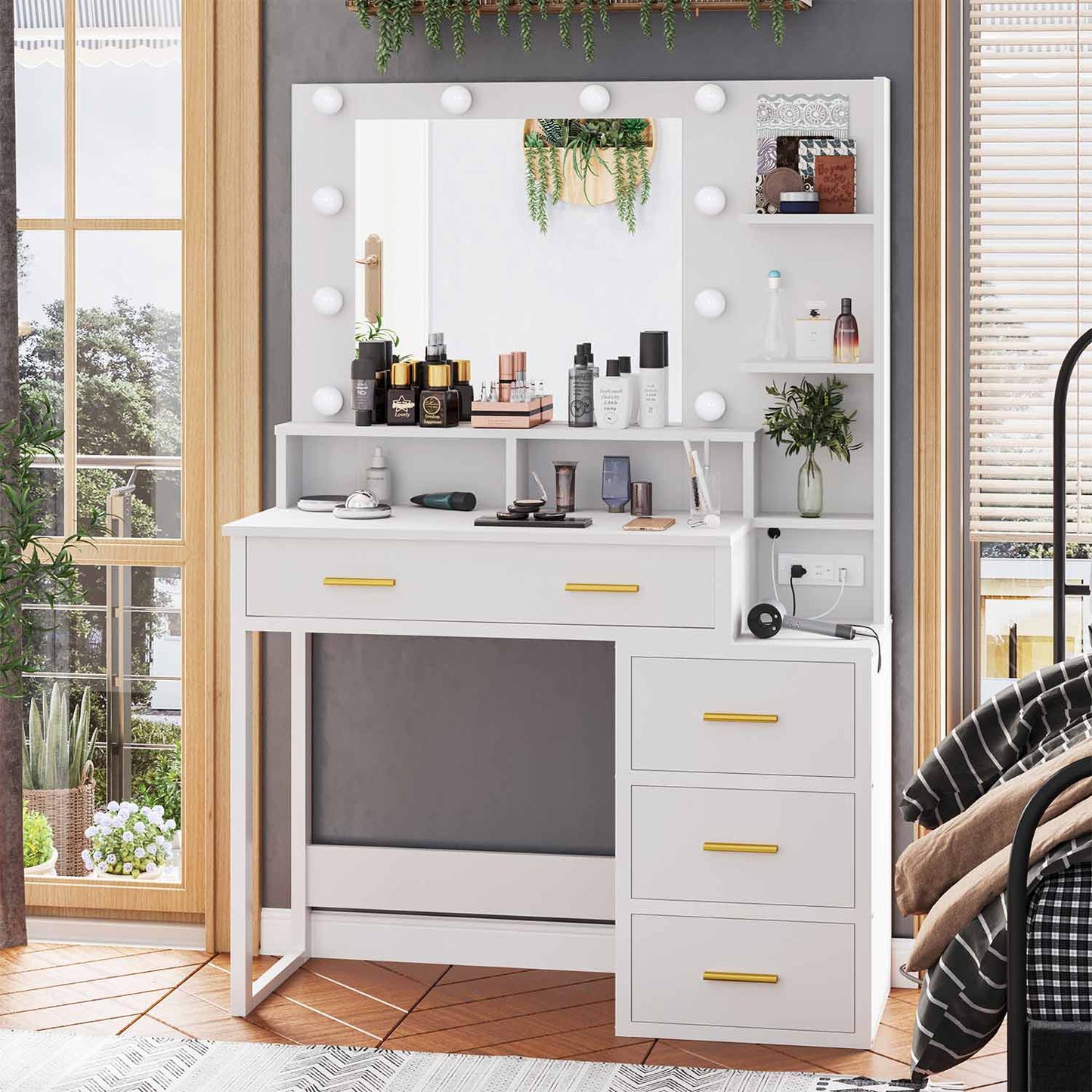 Makeup Vanity with LED Mirror Charging Station White