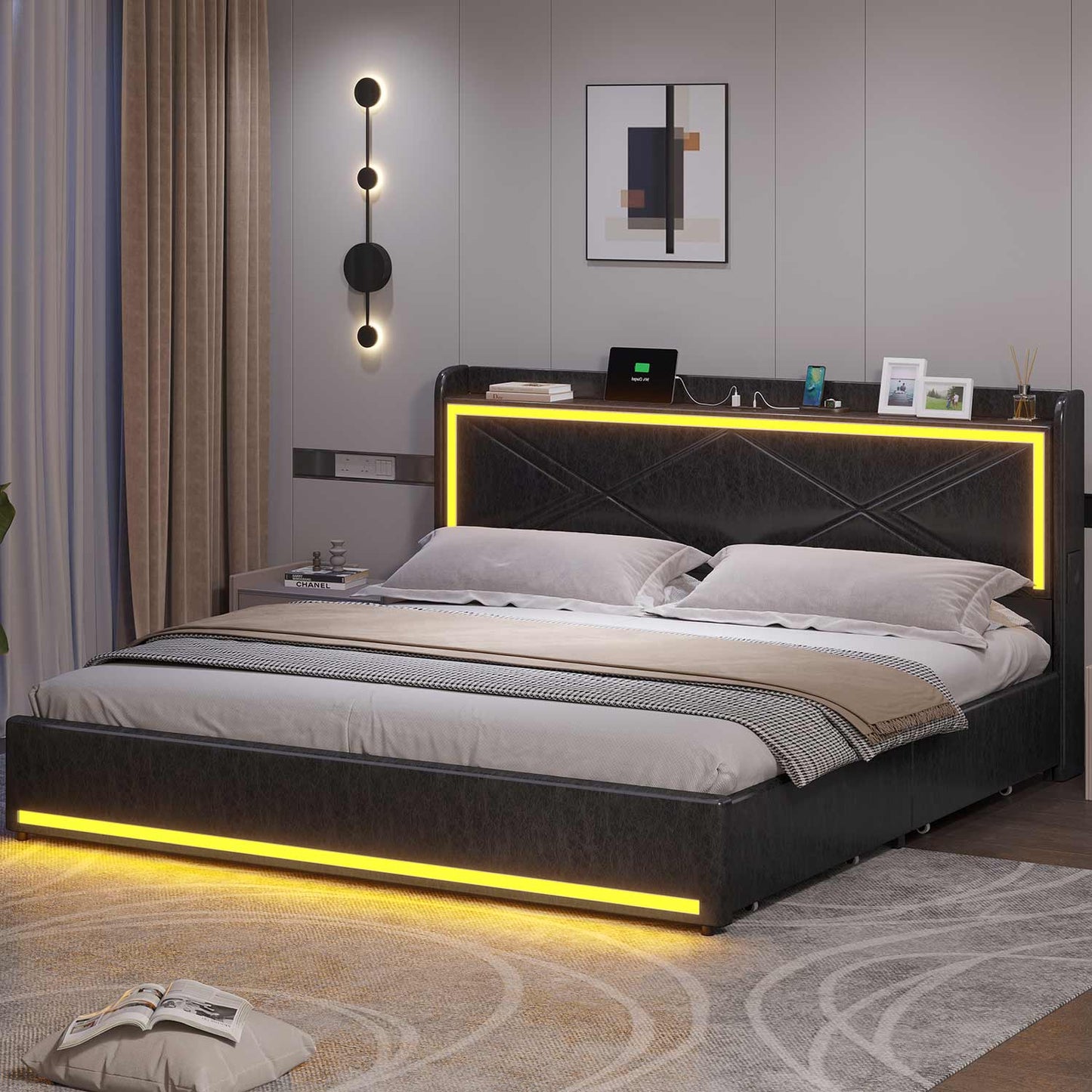 LED Upholstered Bed Frame with 4 Storage Drawers Black