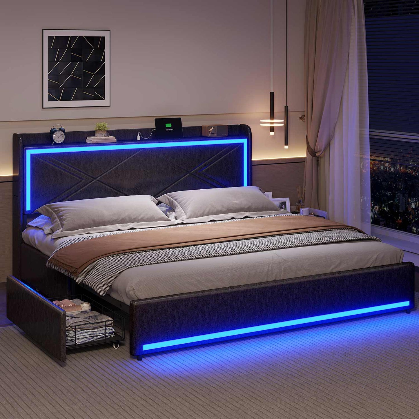 LED Upholstered Bed Frame with 4 Storage Drawers Black