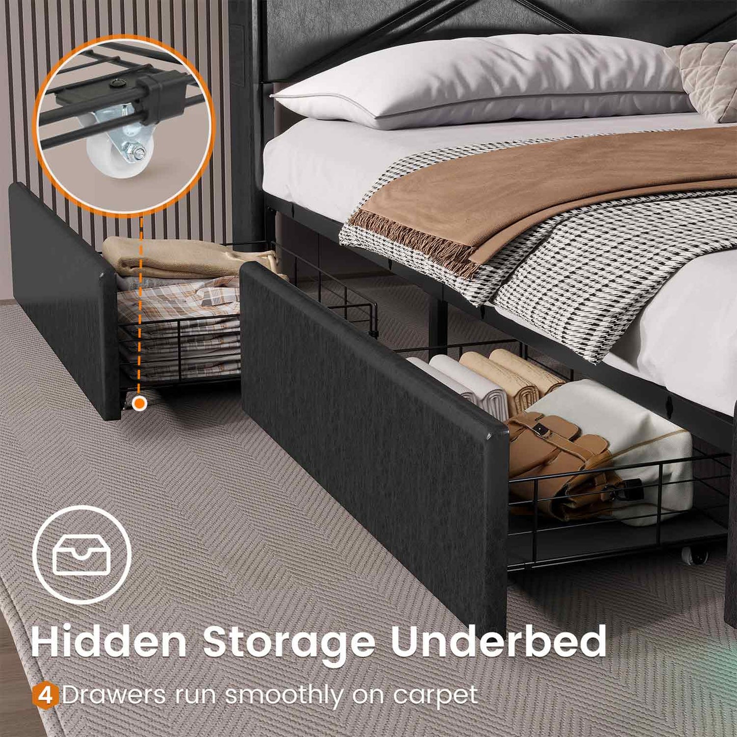 LED Upholstered Bed Frame with 4 Storage Drawers Black