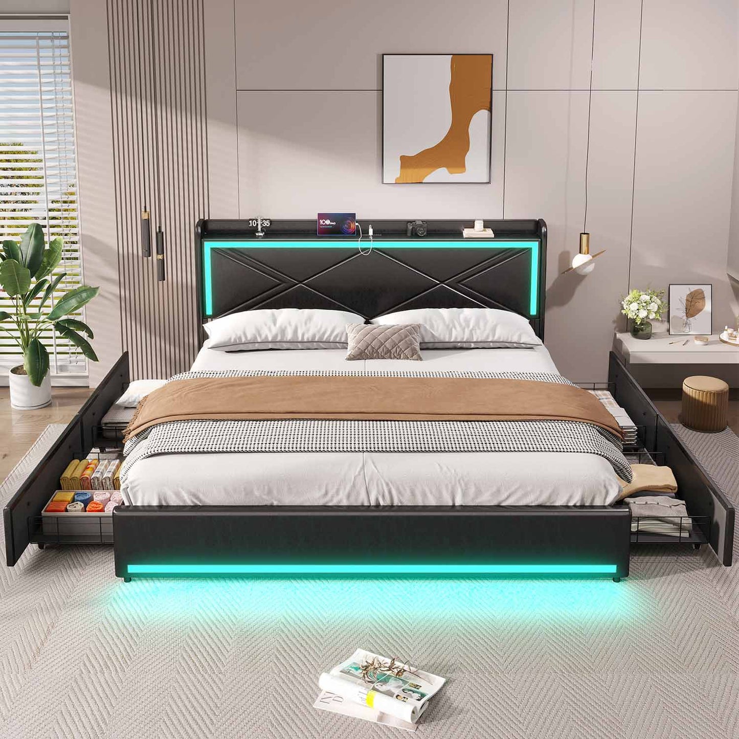 LED Upholstered Bed Frame with 4 Storage Drawers Black