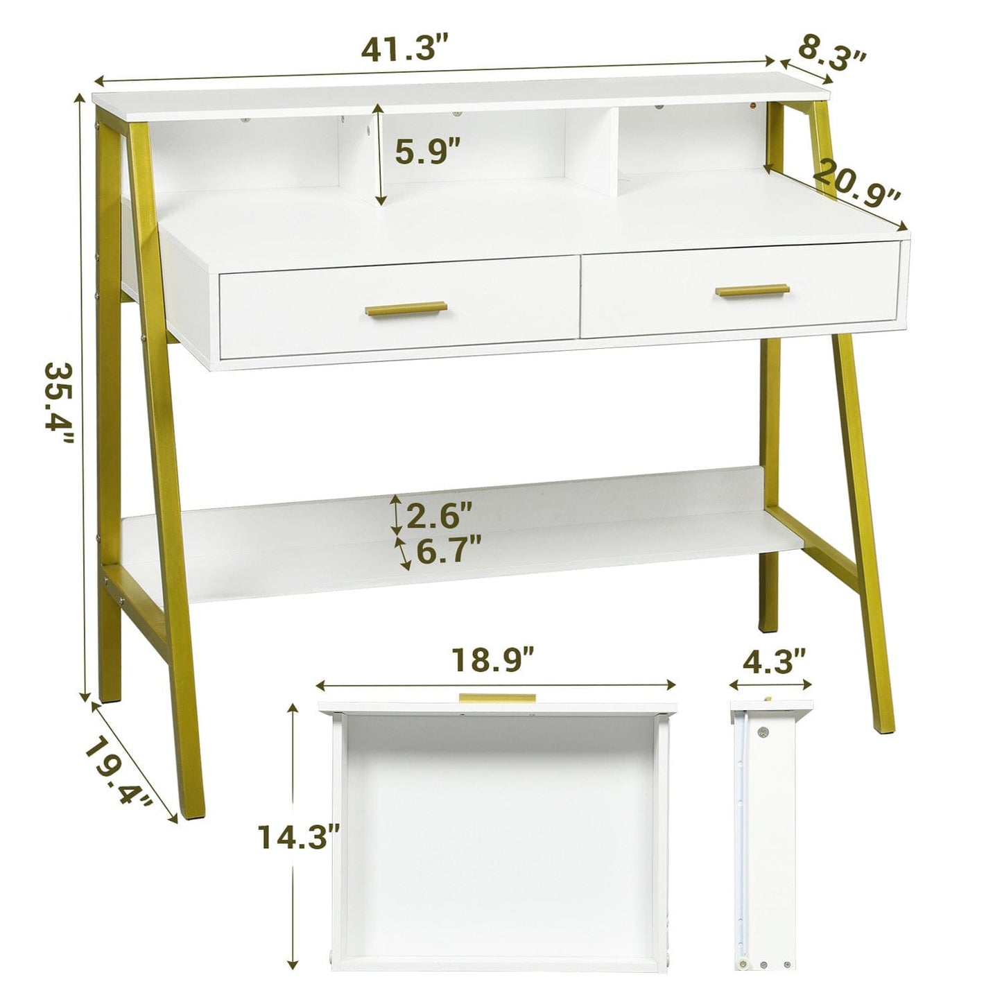 Writing Desk with Drawers Built-in Hutch White Gold