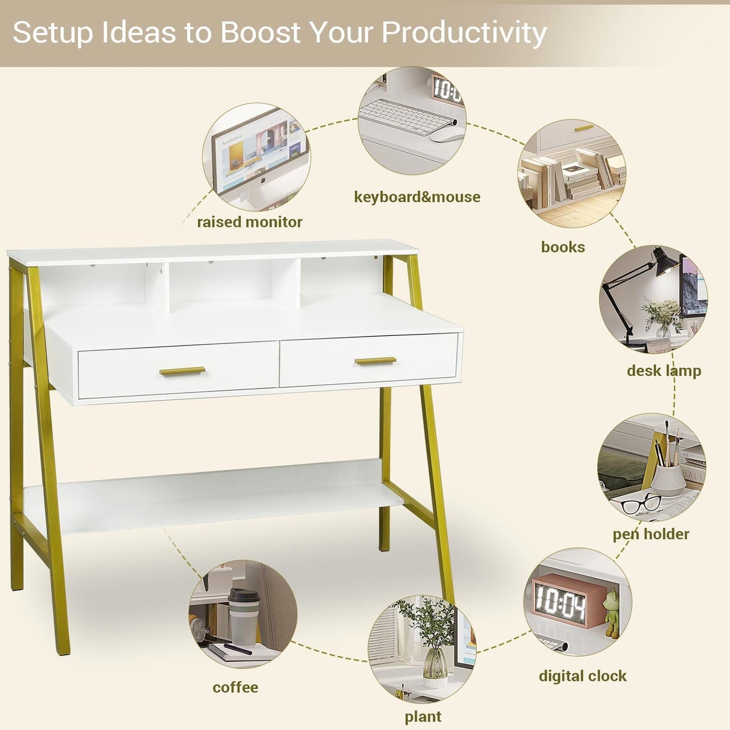 Writing Desk with Drawers Built-in Hutch White Gold