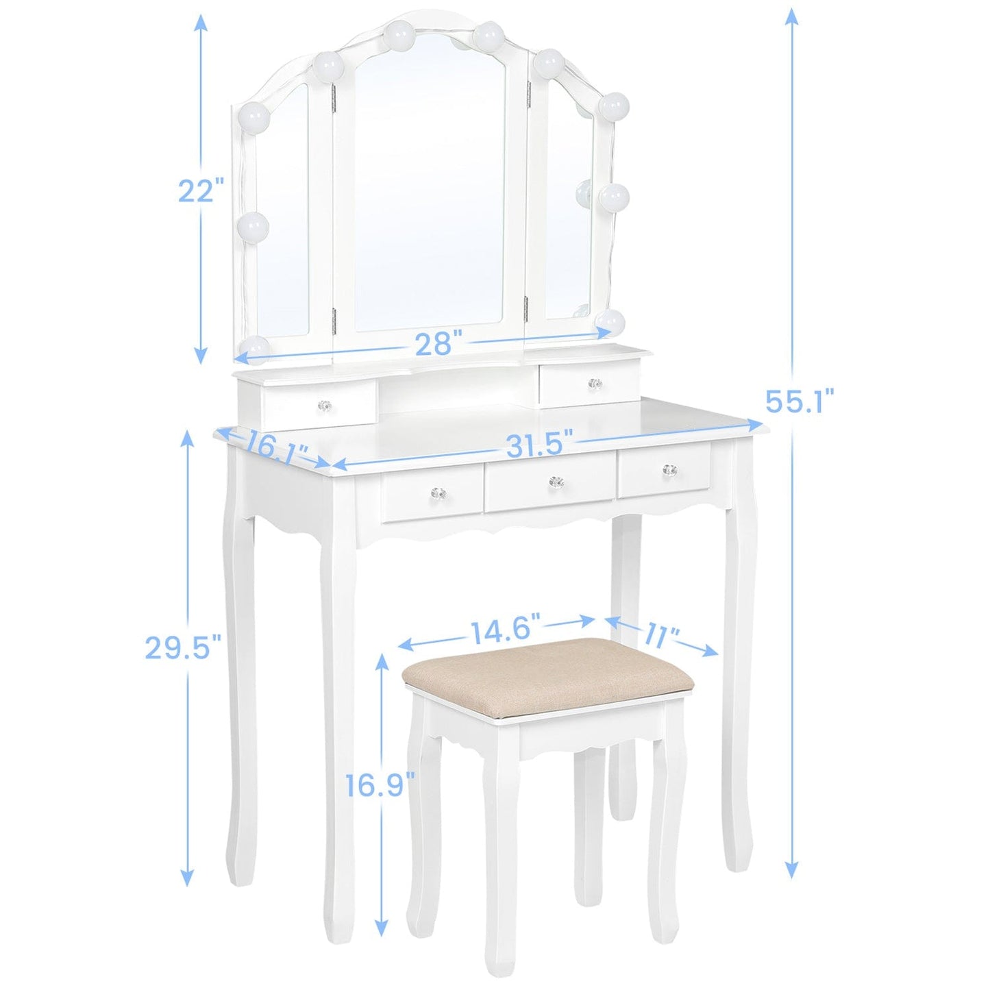 Makeup Vanity Set with LED Mirror Cushioned Stool White