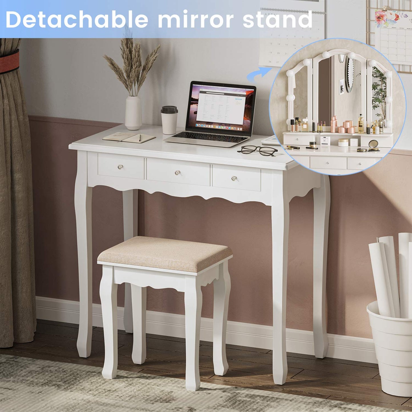 Makeup Vanity Set with LED Mirror Cushioned Stool White