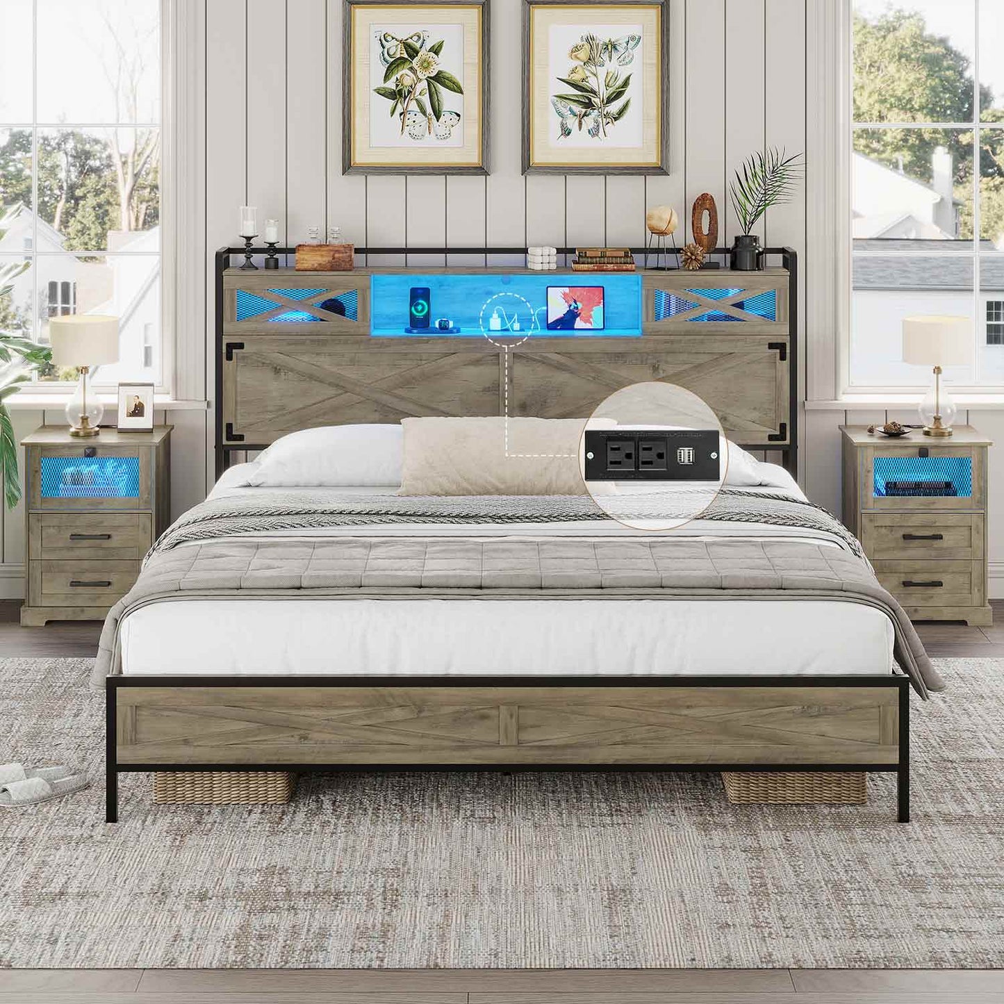 LED Bed Frame with Sliding Barn Door Storage Headboard Grey