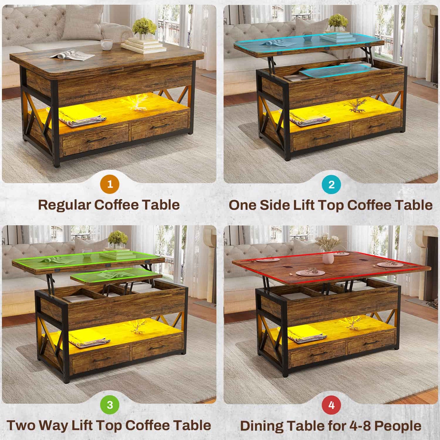 40 Inches Lift Top 4 in 1 LED Coffee Table with 2 Drawers Brown