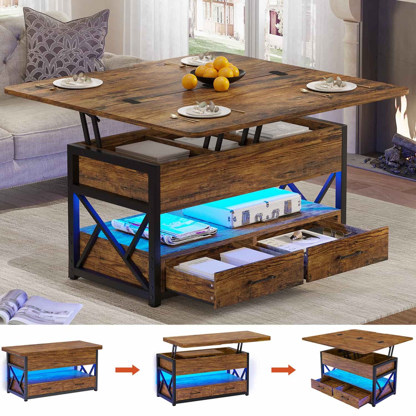 40 Inches Lift Top 4 in 1 LED Coffee Table with 2 Drawers Brown
