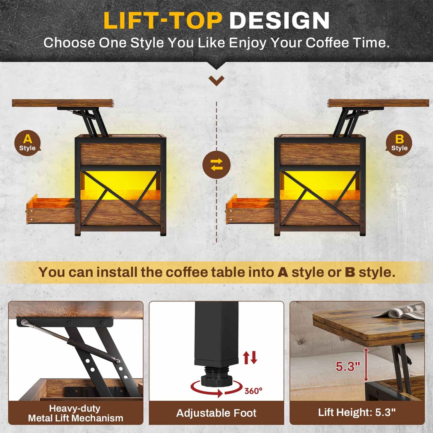 40 Inches Lift Top 4 in 1 LED Coffee Table with 2 Drawers Brown