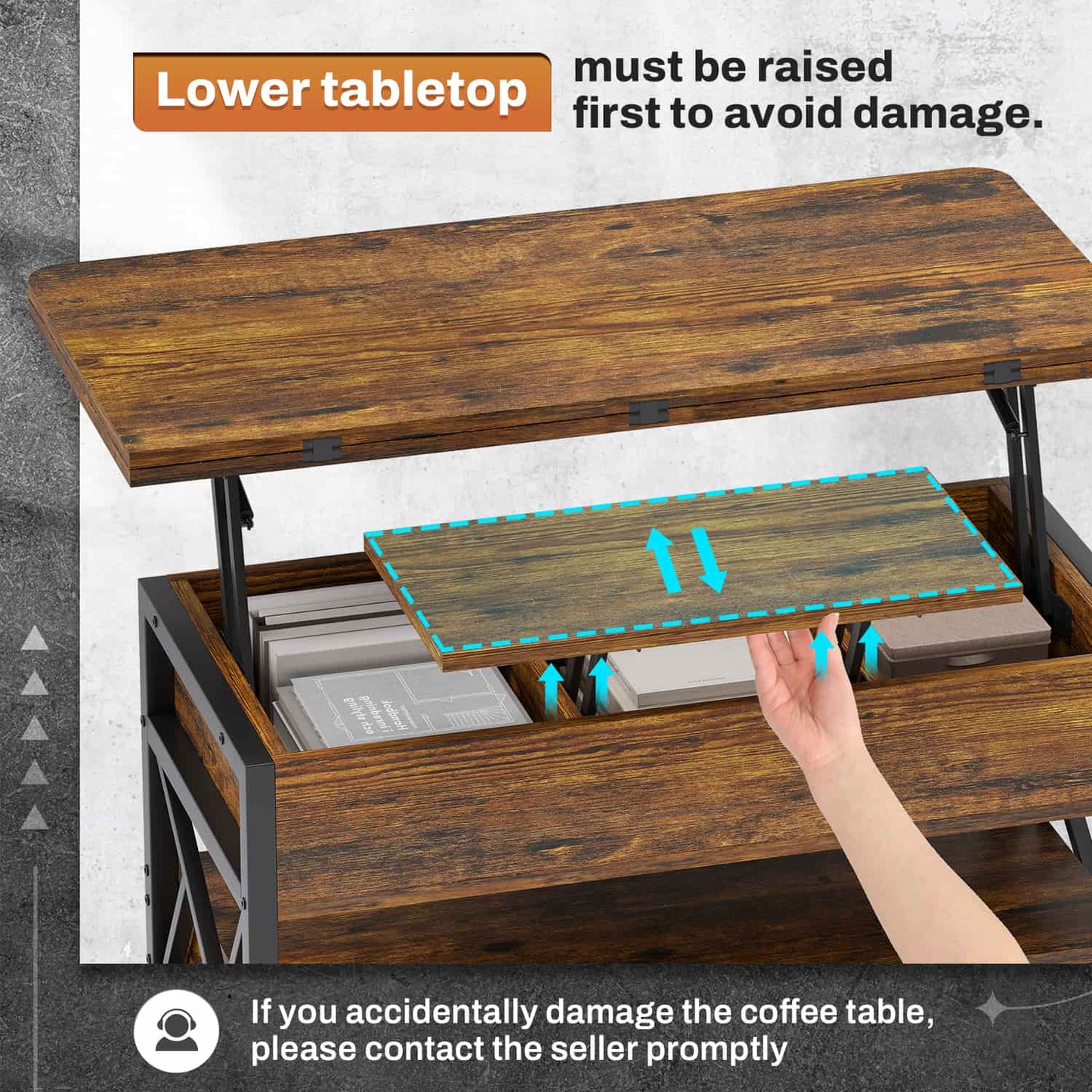 40 Inches Lift Top 4 in 1 LED Coffee Table with 2 Drawers Brown