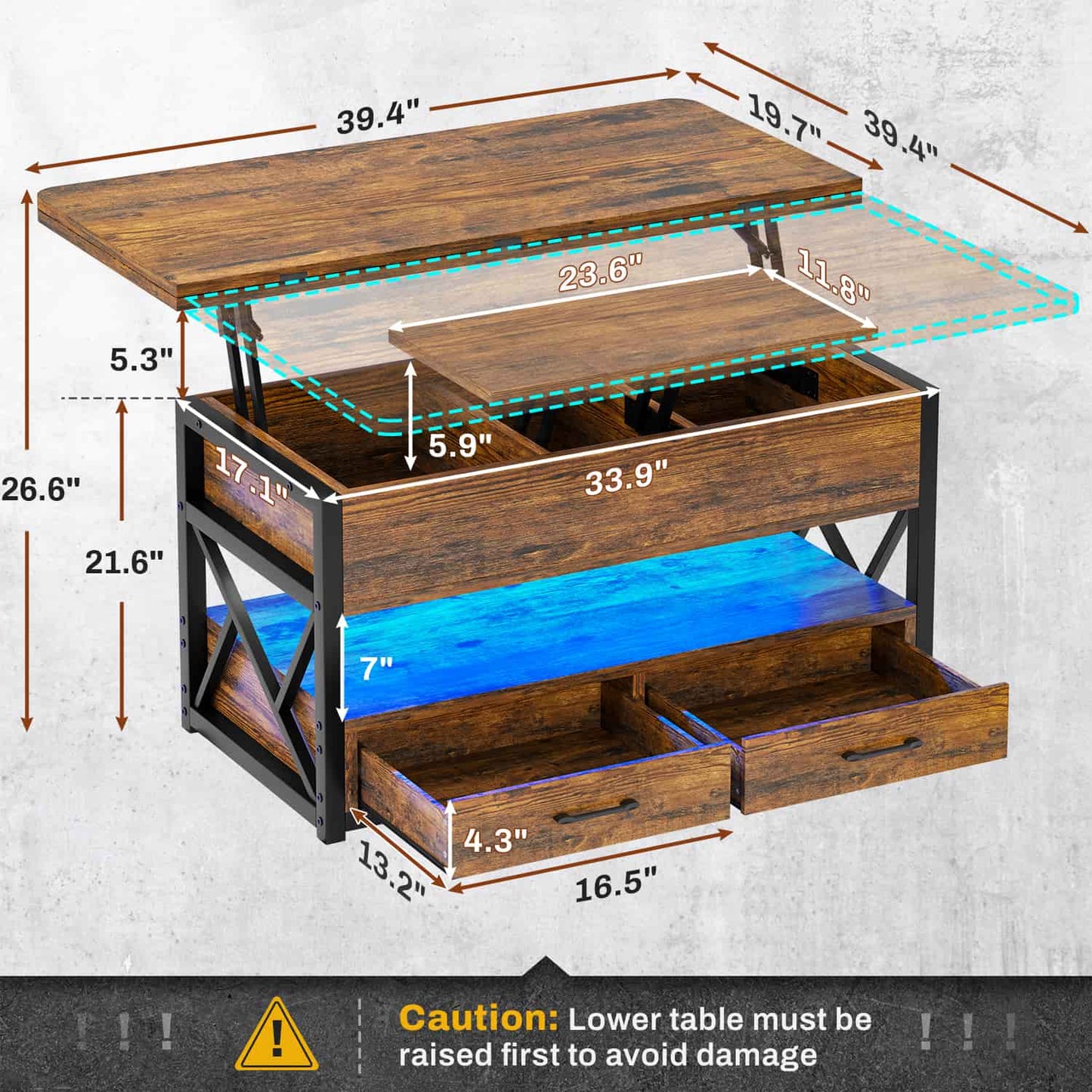 40 Inches Lift Top 4 in 1 LED Coffee Table with 2 Drawers Brown