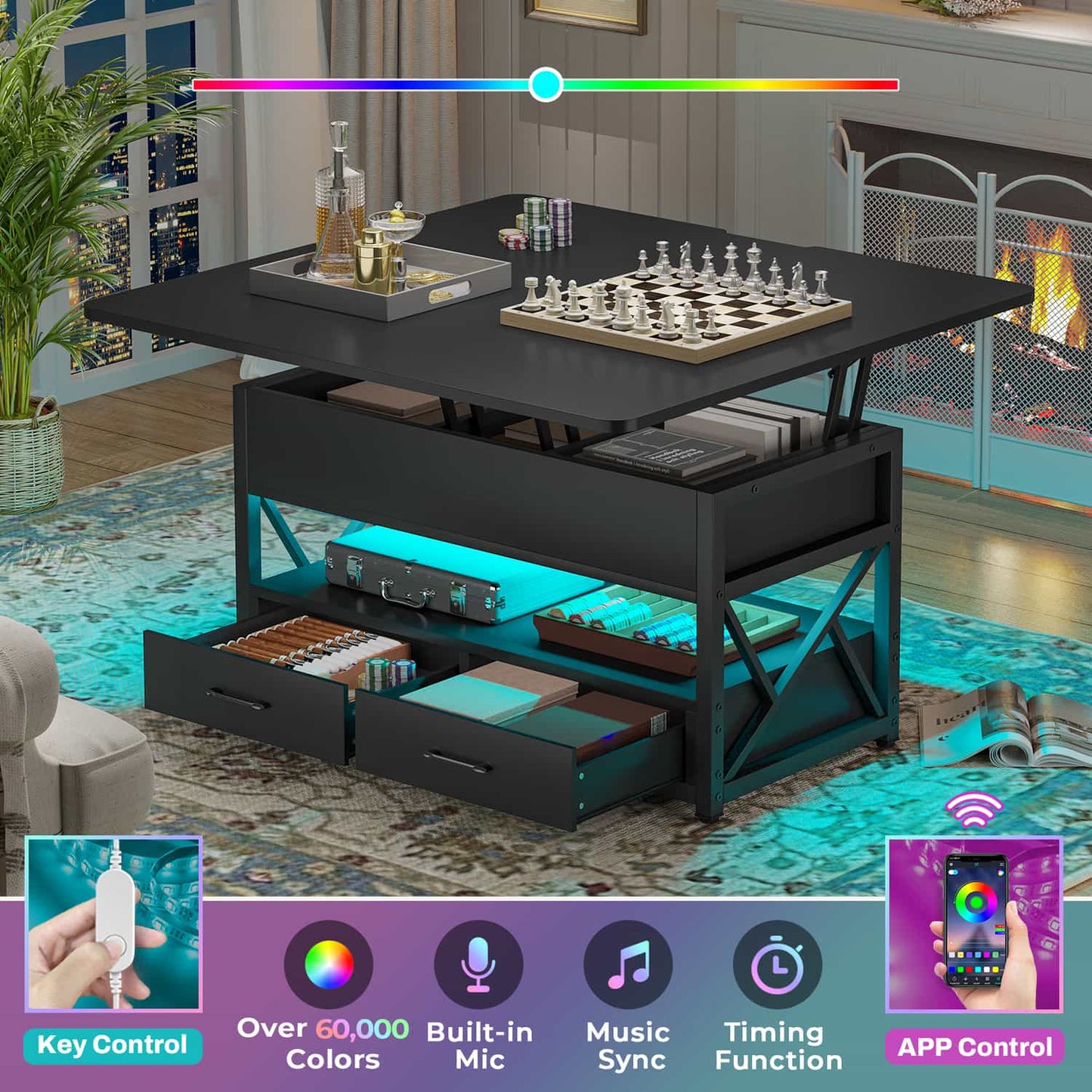 40 Inches Lift Top 4 in 1 LED Coffee Table with 2 Drawers Black