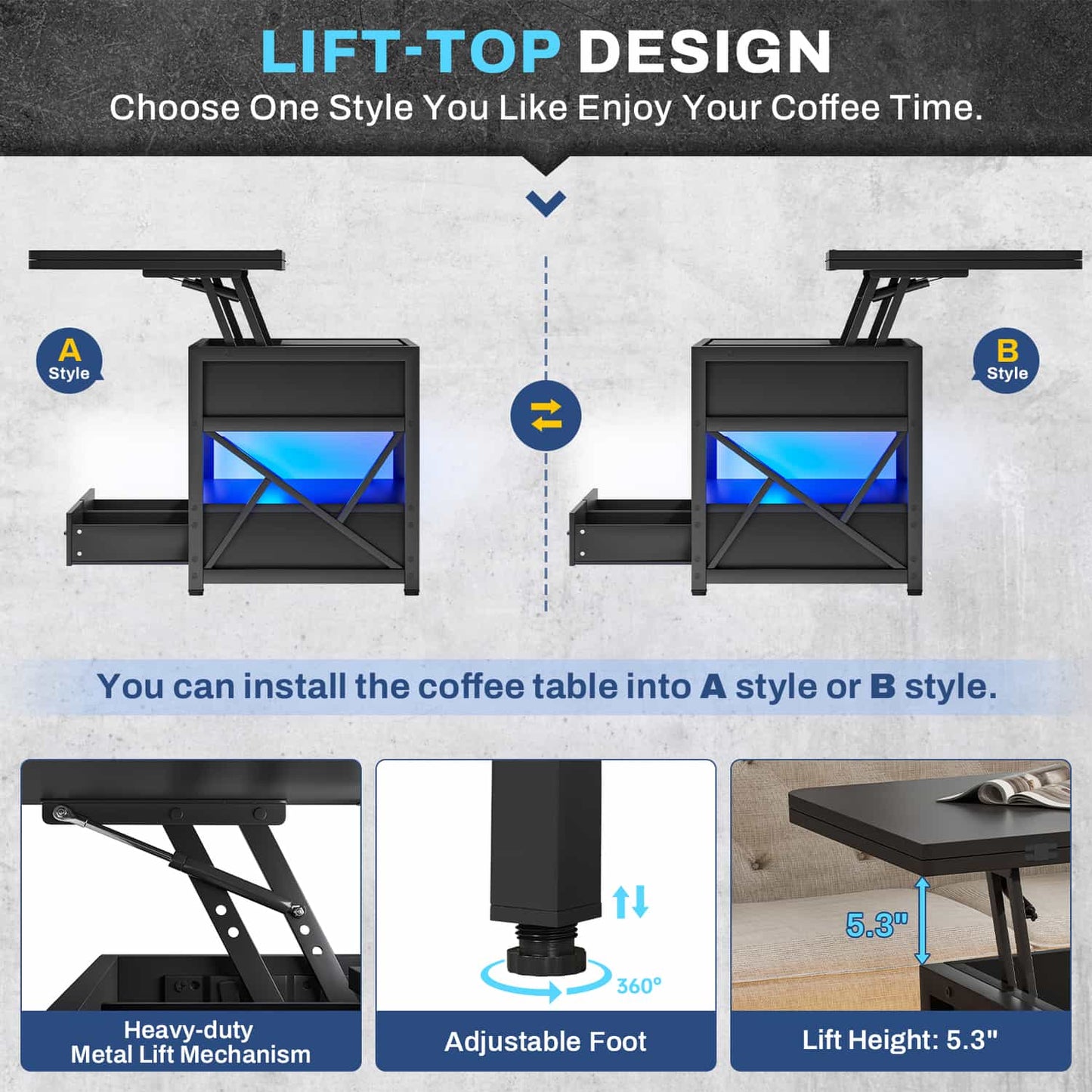 40 Inches Lift Top 4 in 1 LED Coffee Table with 2 Drawers Black