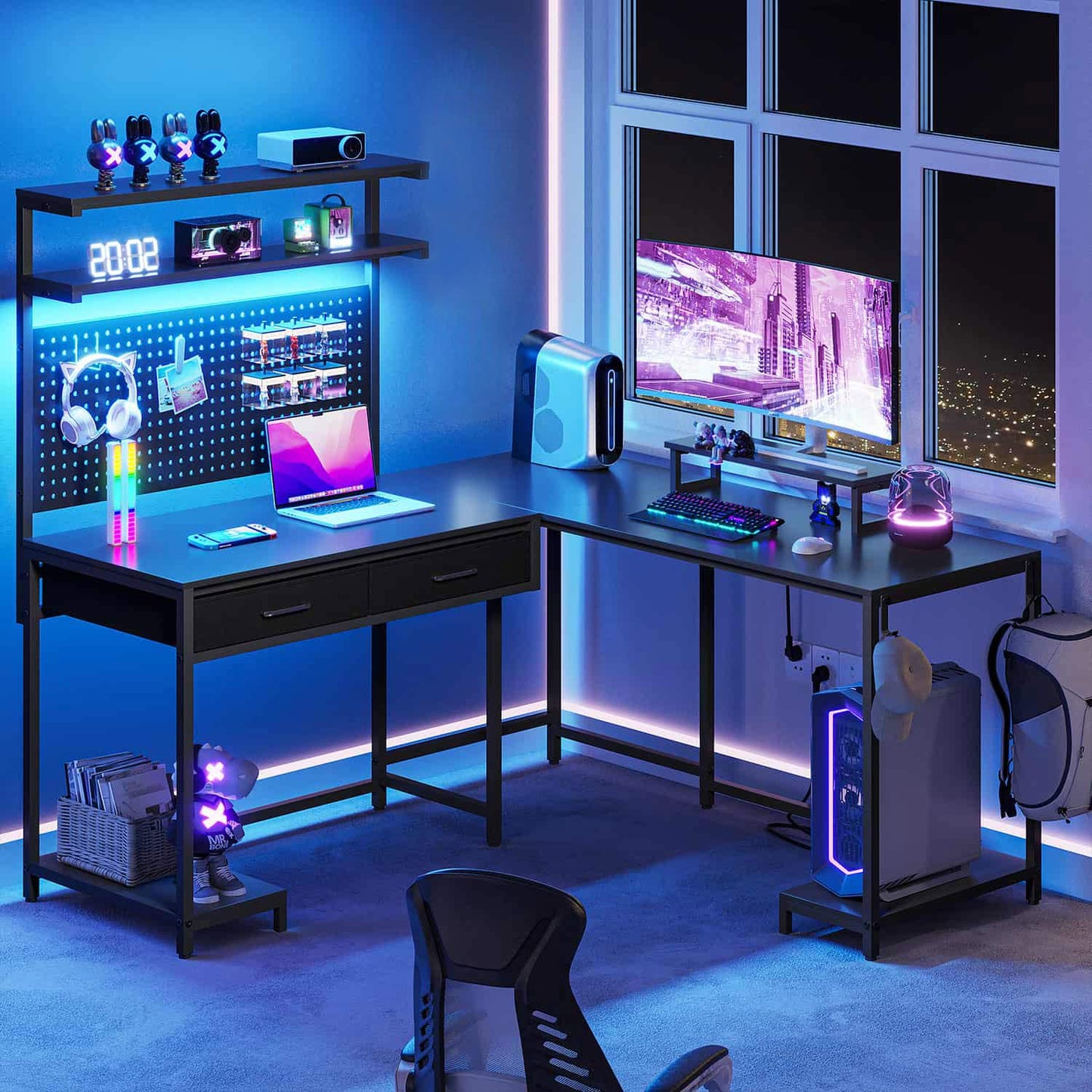 L Shaped Reversible LED Gaming Desk with Monitor Stand Black