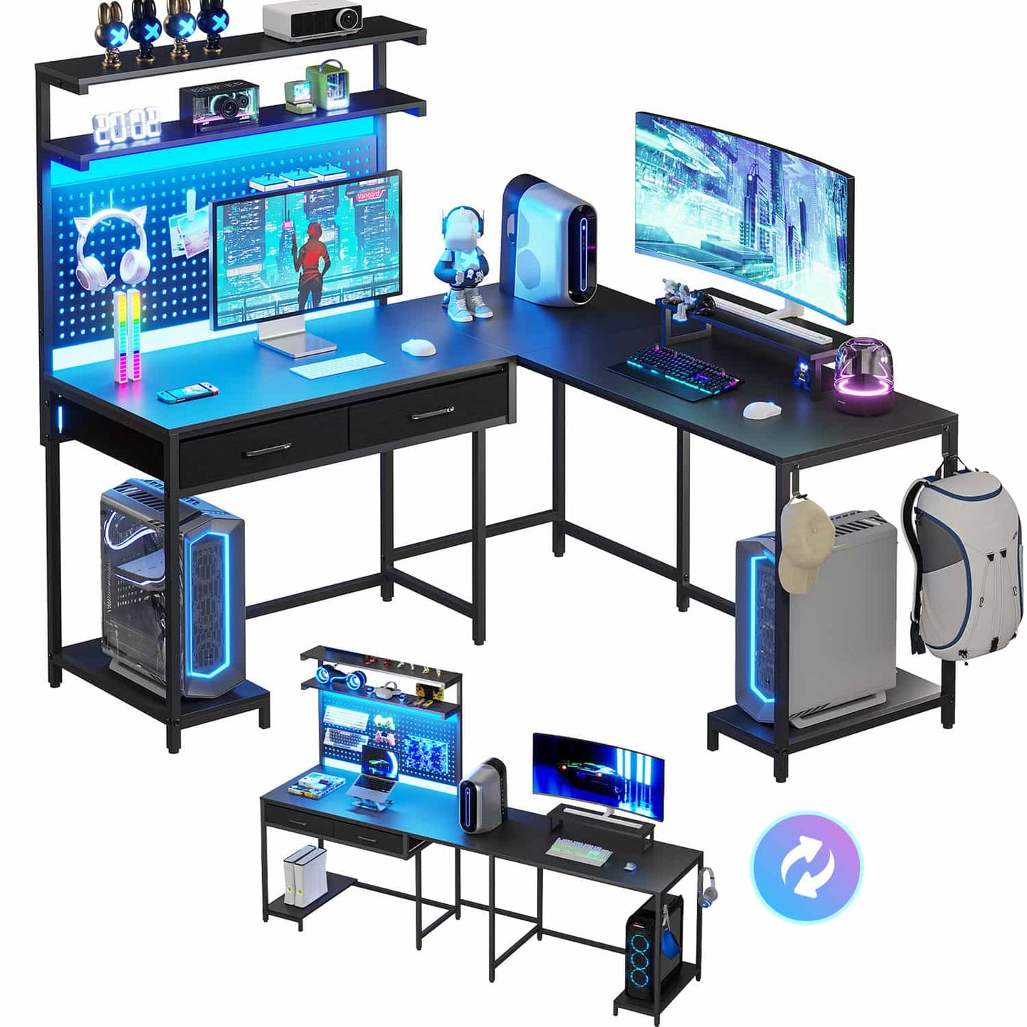 L Shaped Reversible LED Gaming Desk with Monitor Stand Black