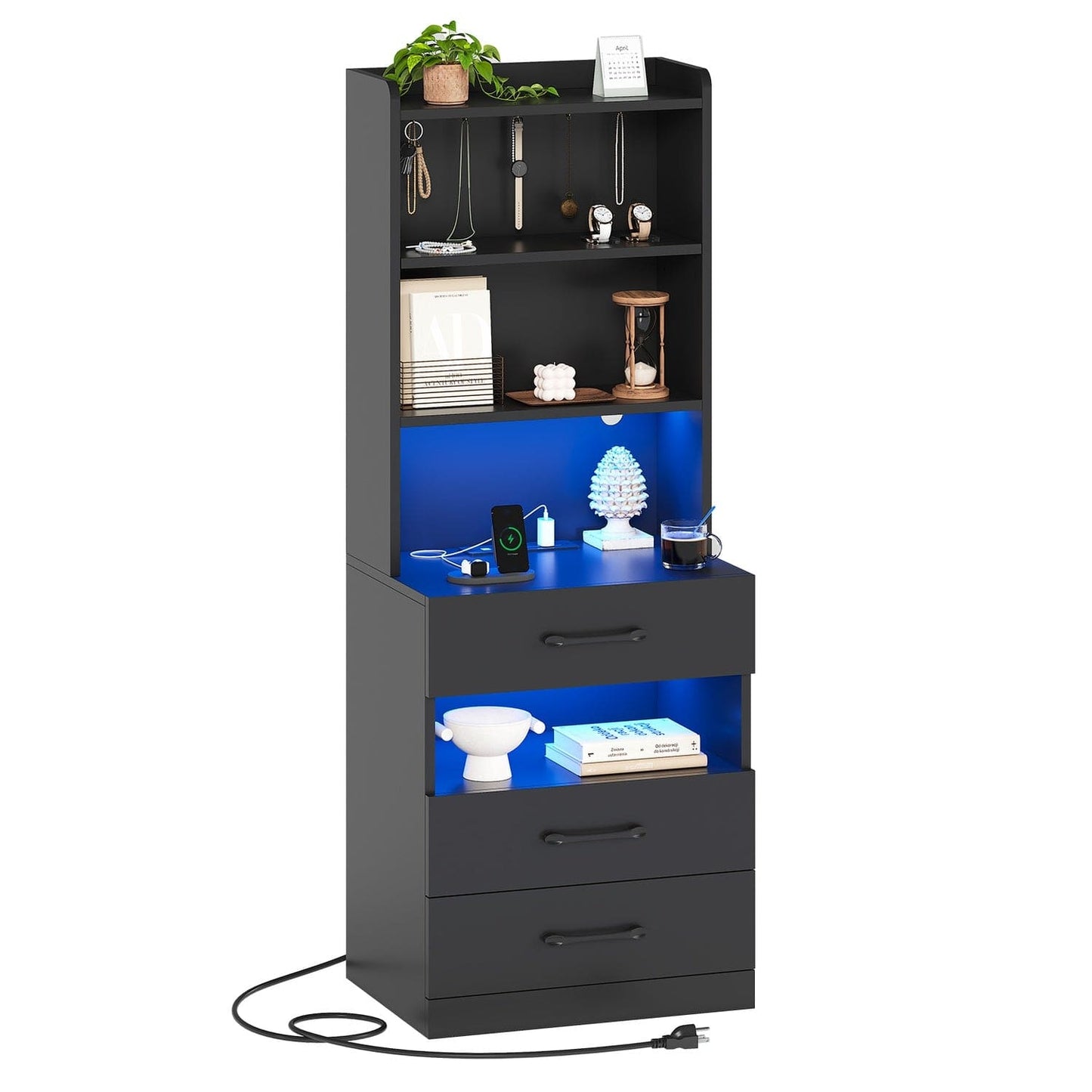 LED Tall Nightstand with Bookshelf Black