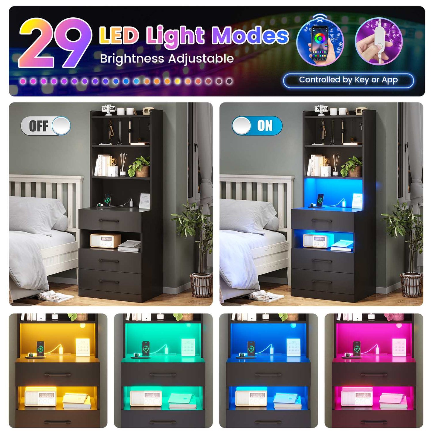 LED Tall Nightstand with Bookshelf Black