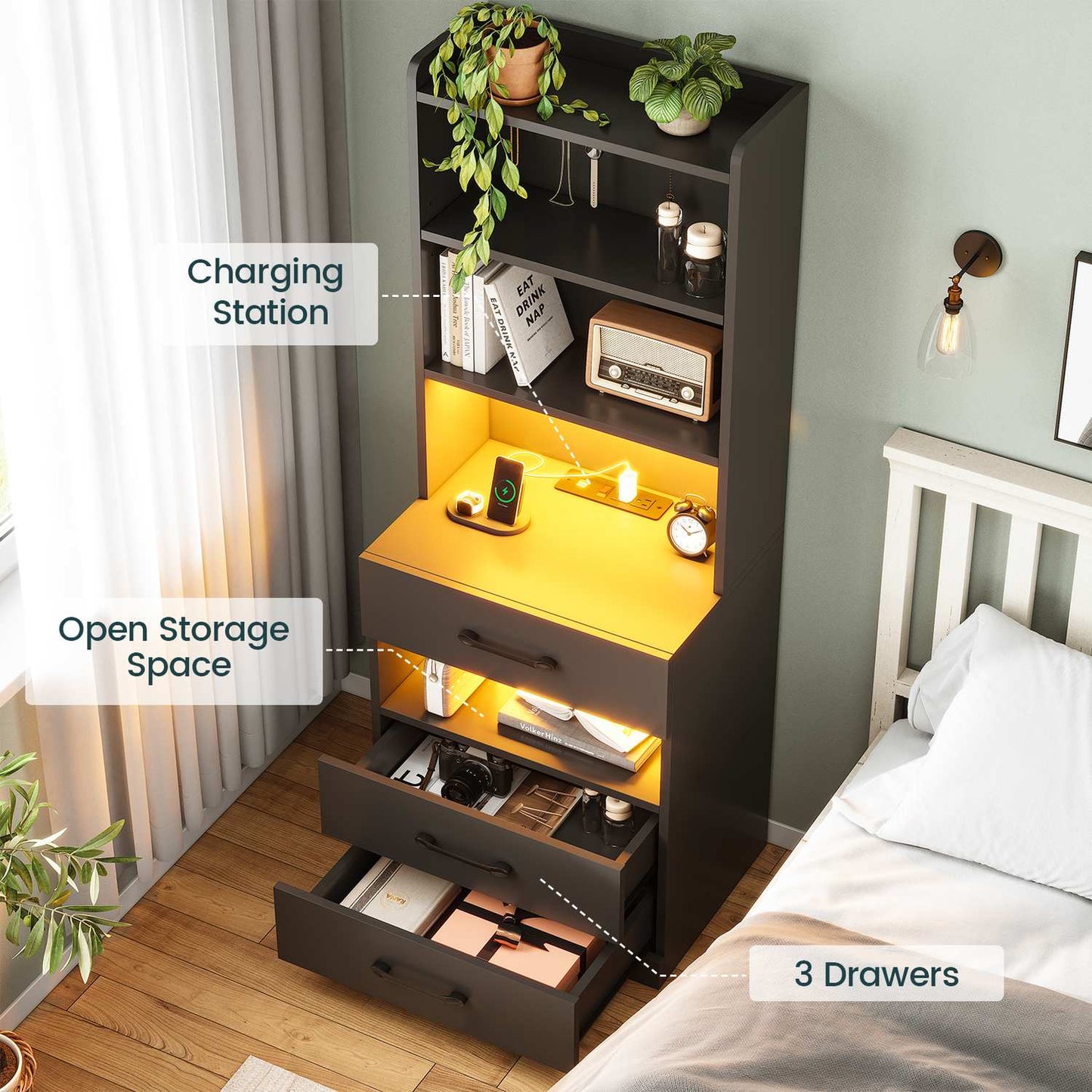 LED Tall Nightstand with Bookshelf Black