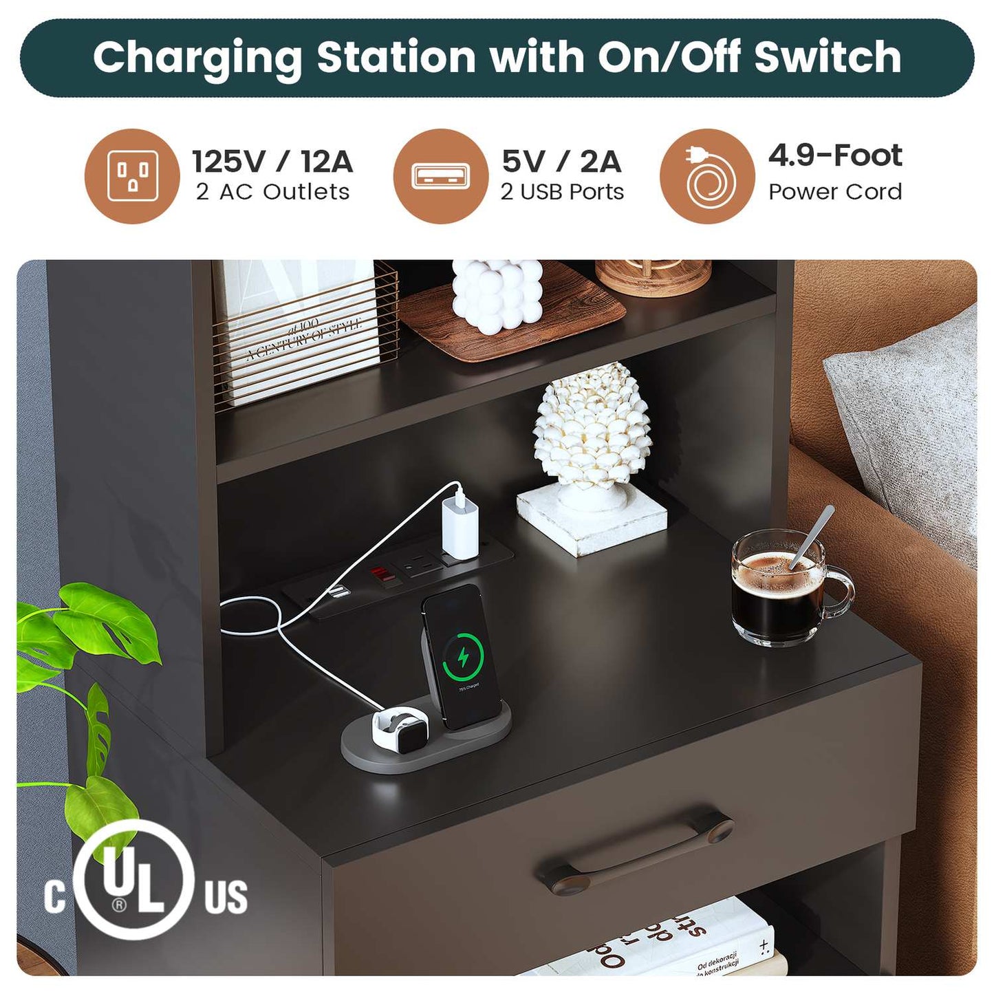 LED Tall Nightstand with Bookshelf Black