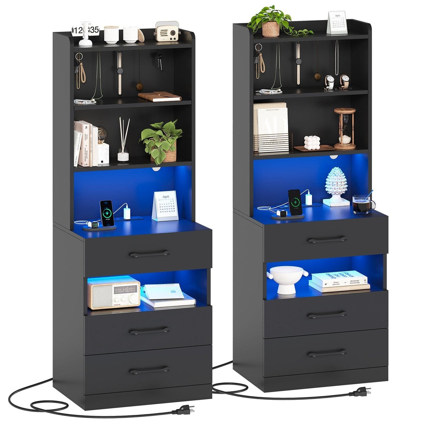 LED Tall Nightstand with Bookshelf Black
