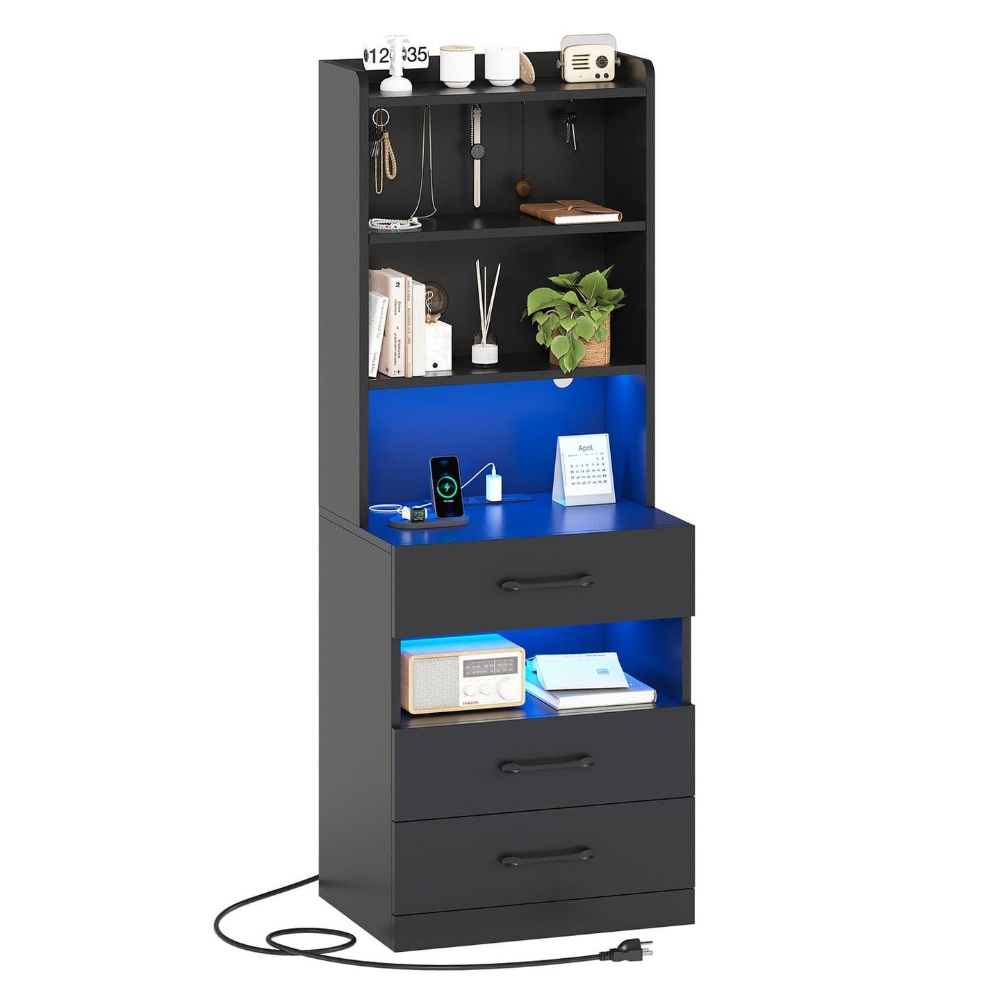 LED Tall Nightstand with Bookshelf Black