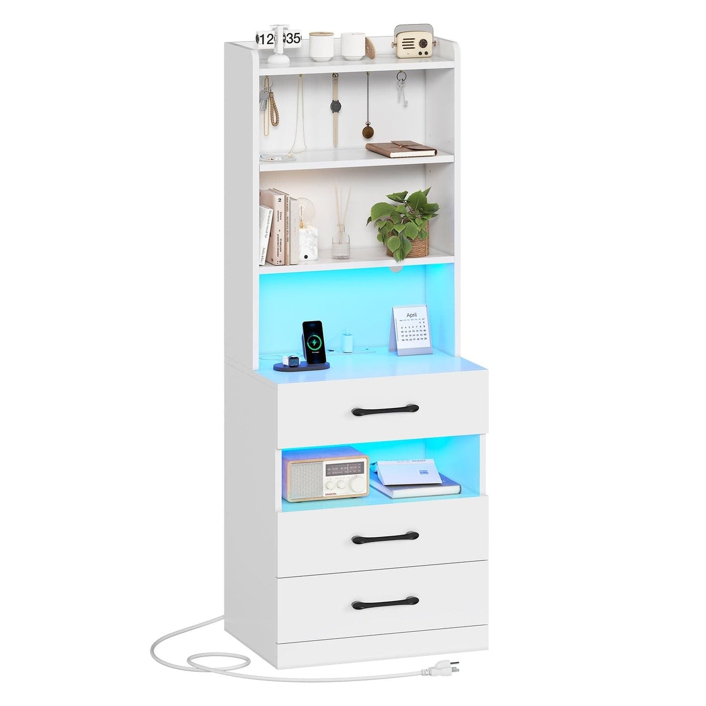 LED Tall Nightstand with Bookshelf White