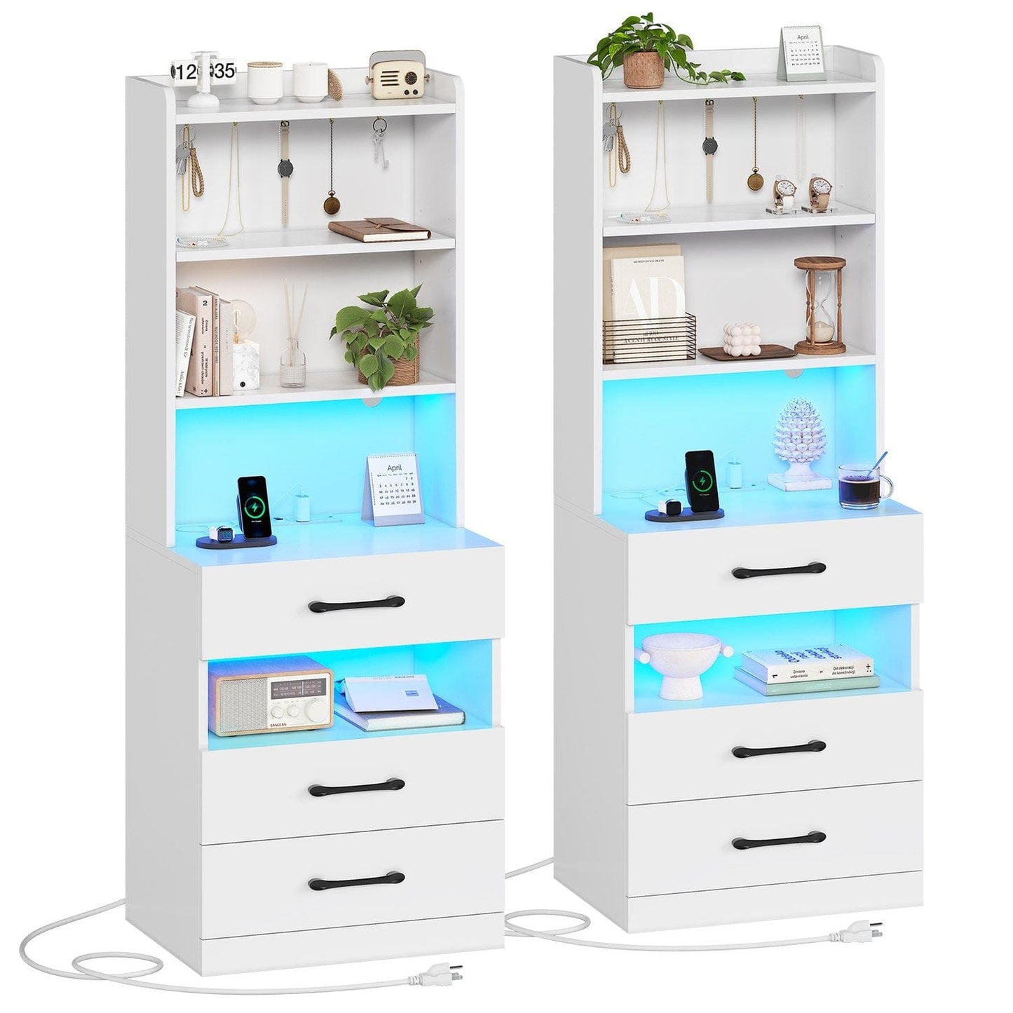 LED Tall Nightstand with Bookshelf White