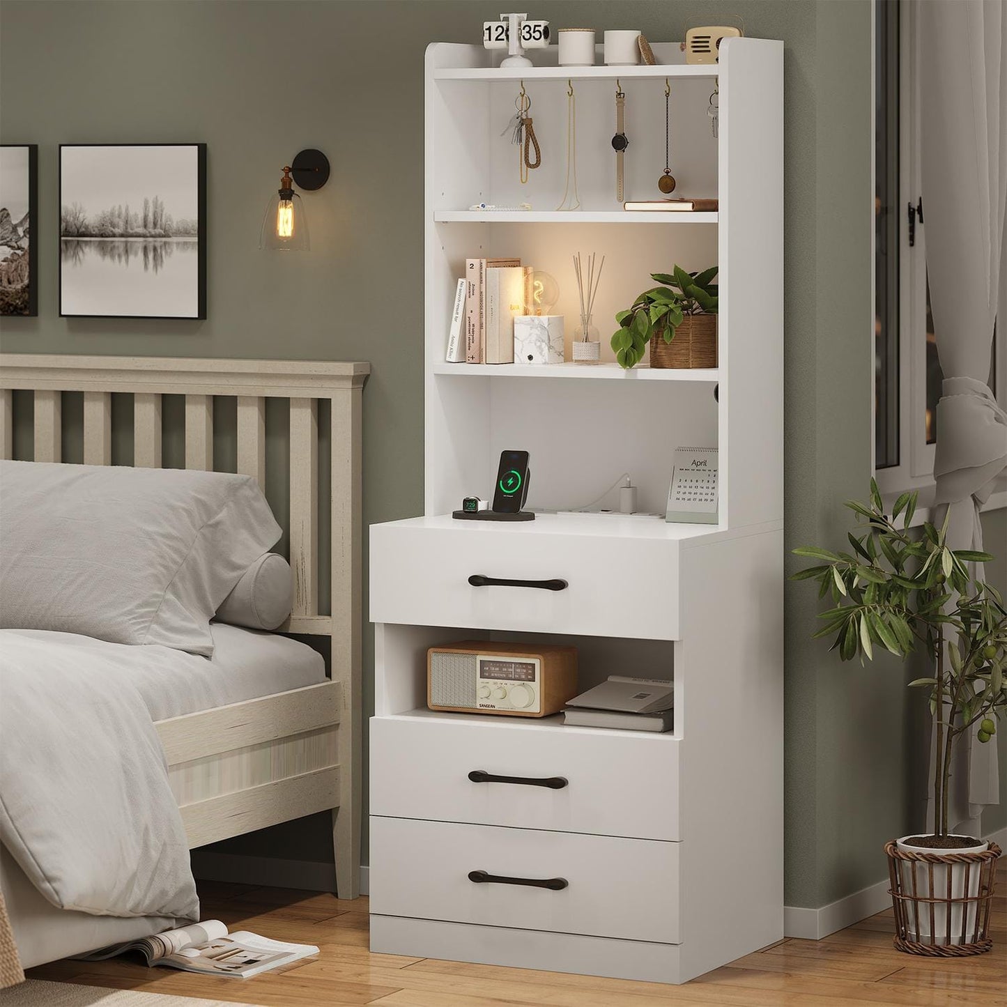 LED Tall Nightstand with Bookshelf White