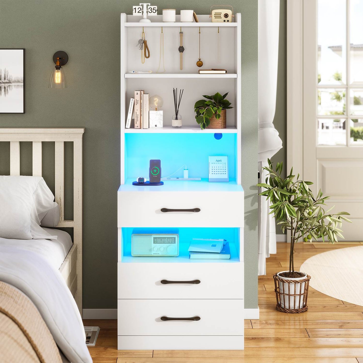 LED Tall Nightstand with Bookshelf White