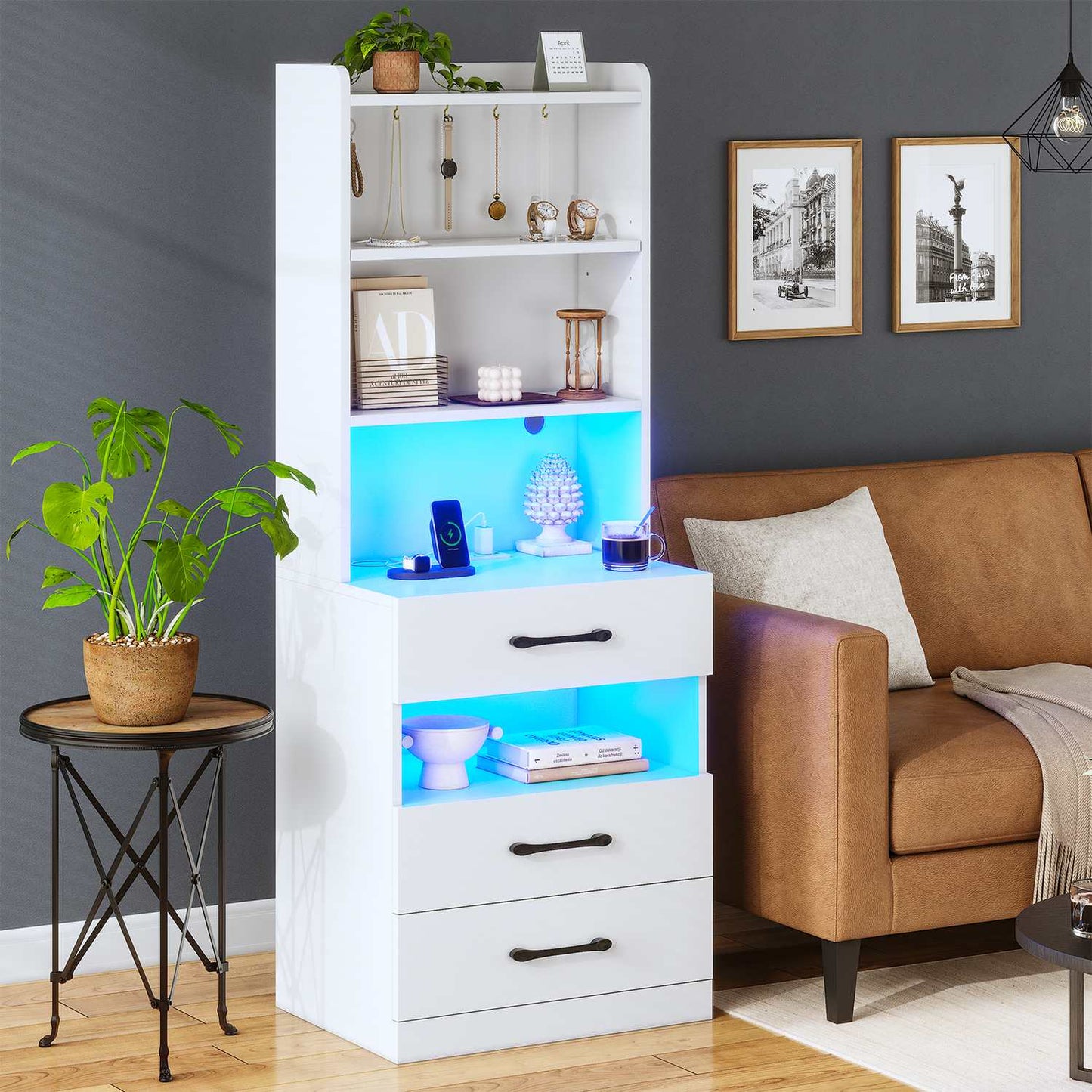 LED Tall Nightstand with Bookshelf White