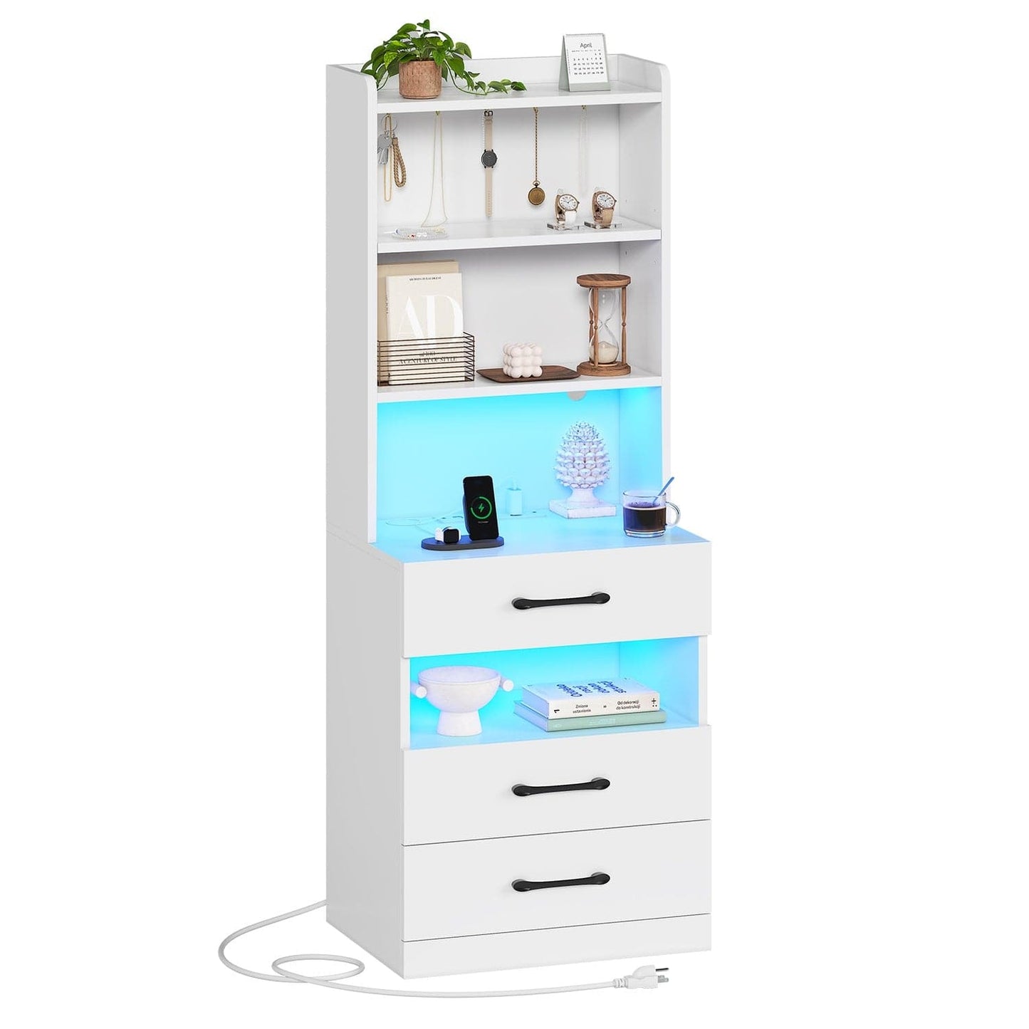LED Tall Nightstand with Bookshelf White
