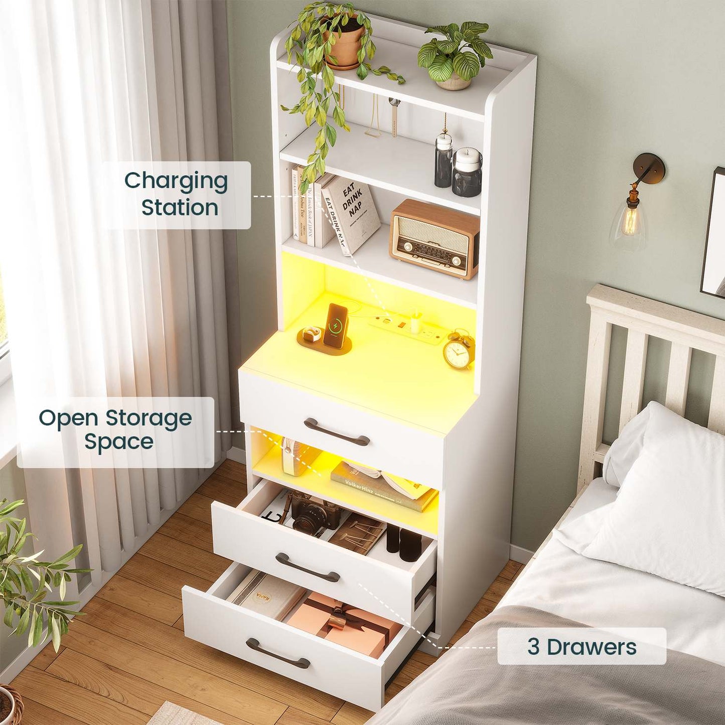 LED Tall Nightstand with Bookshelf White