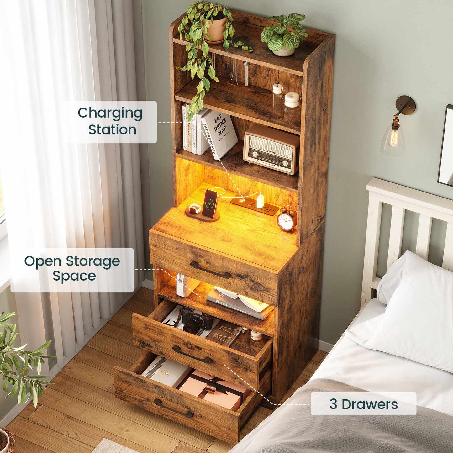 LED Tall Nightstand with Bookshelf Brown