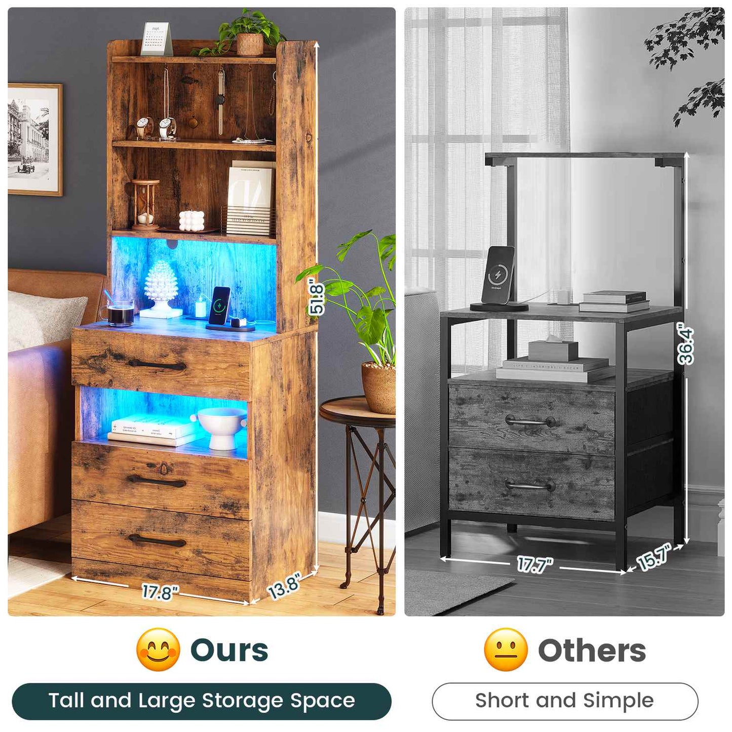LED Tall Nightstand with Bookshelf Brown