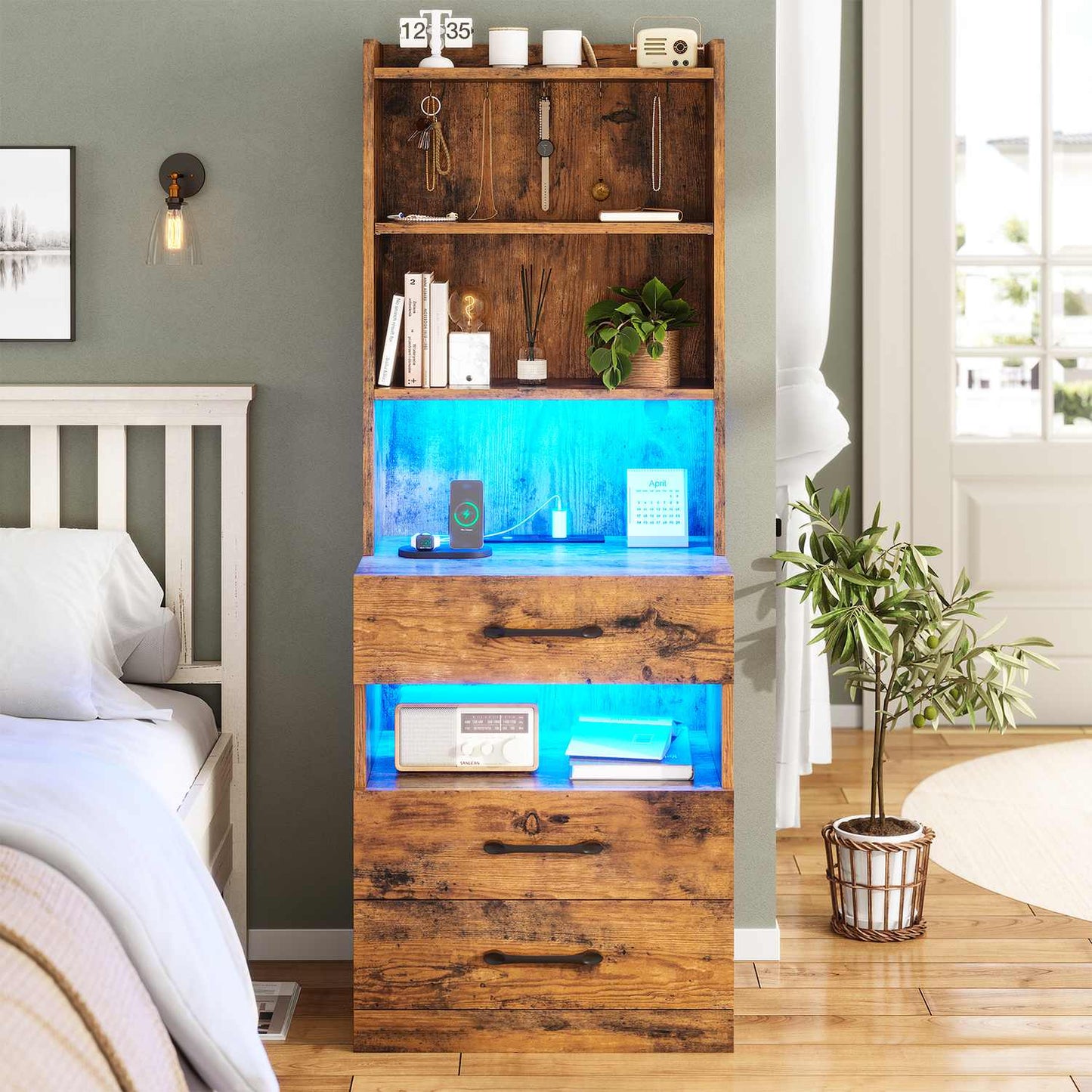 LED Tall Nightstand with Bookshelf Brown