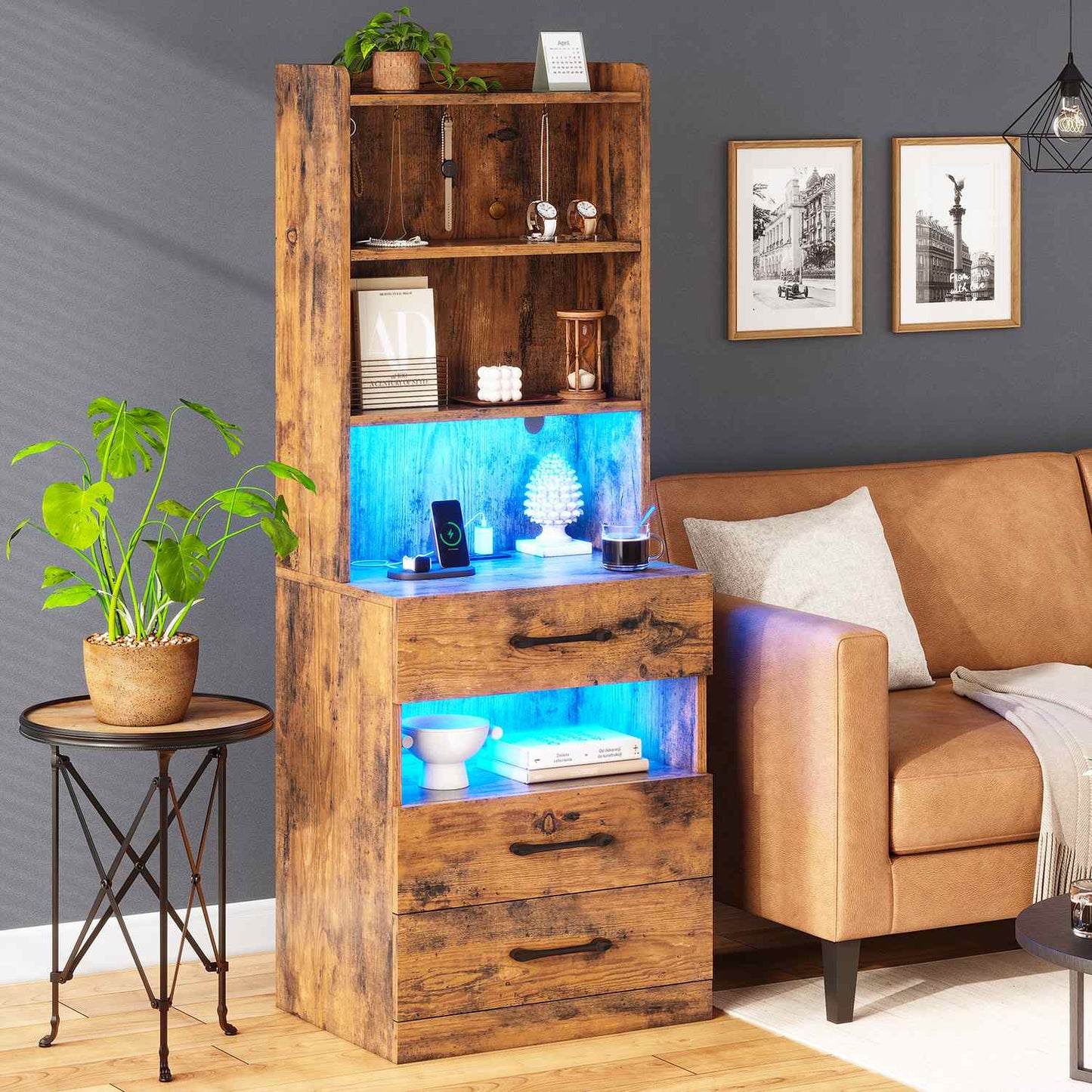 LED Tall Nightstand with Bookshelf Brown