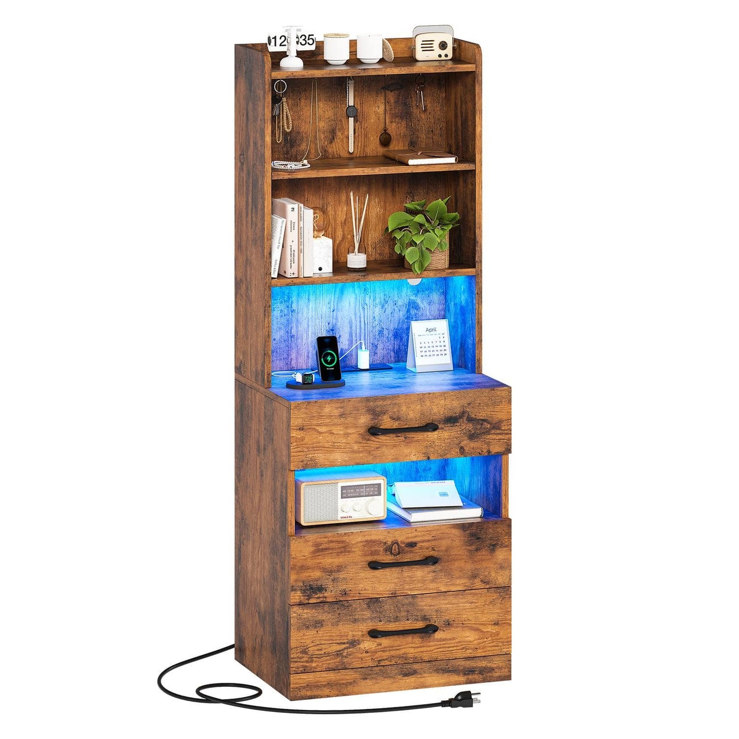 LED Tall Nightstand with Bookshelf Brown