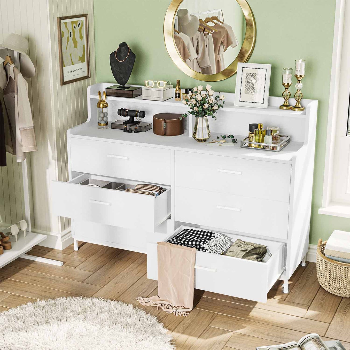 6 Drawers Dresser with Open Storage Space White