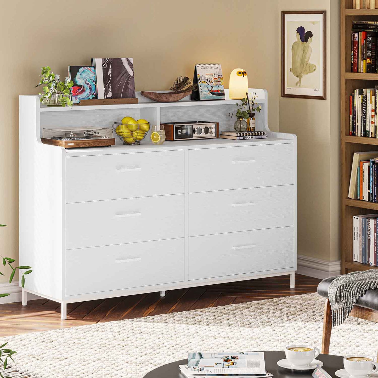 6 Drawers Dresser with Open Storage Space White