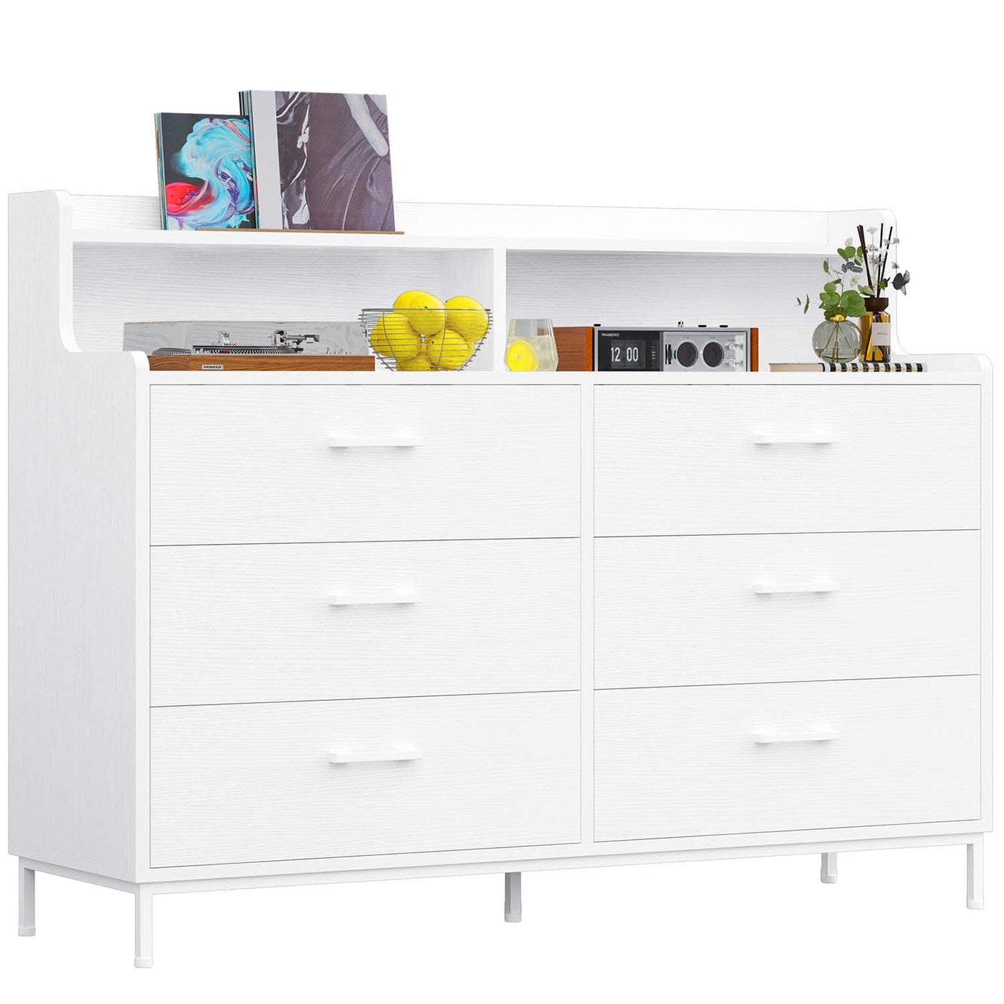 6 Drawers Dresser with Open Storage Space White
