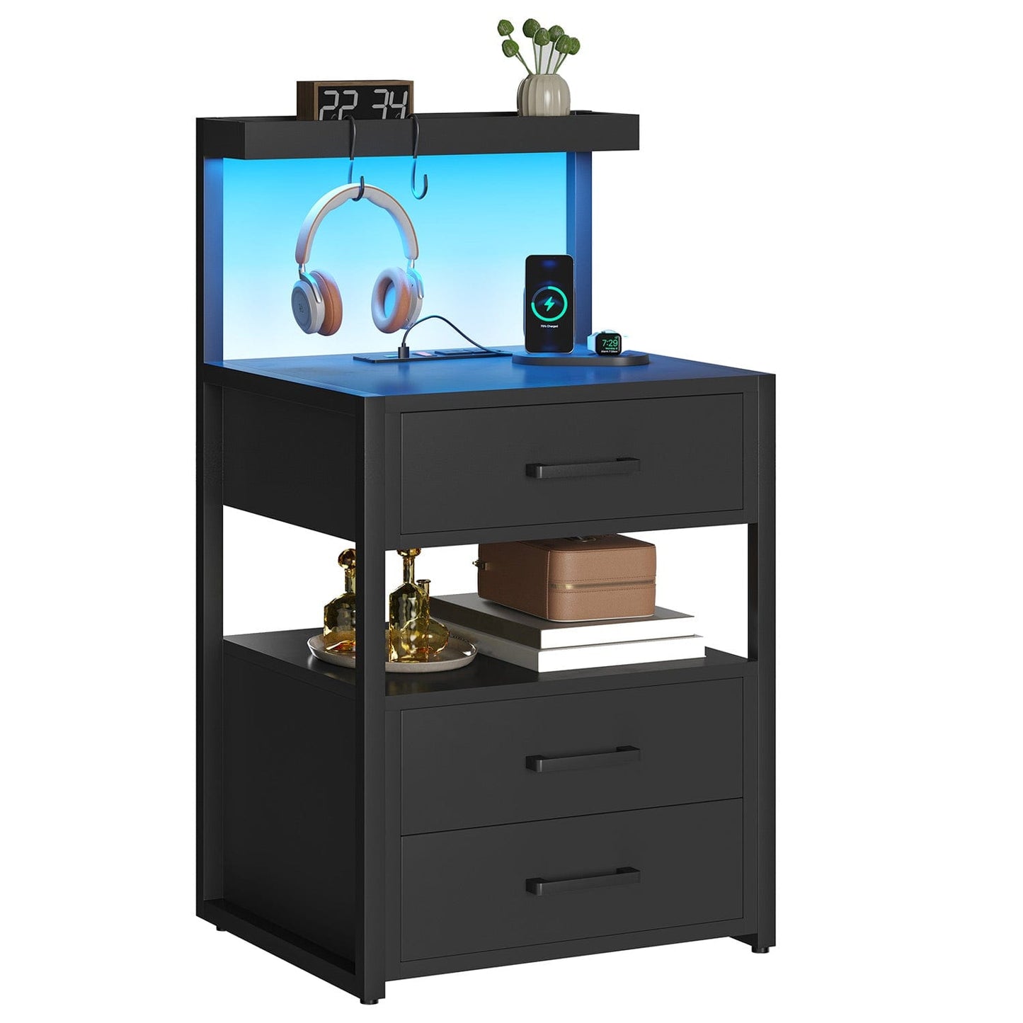 LED Nightstand with 3 Drawers Charging Station Black