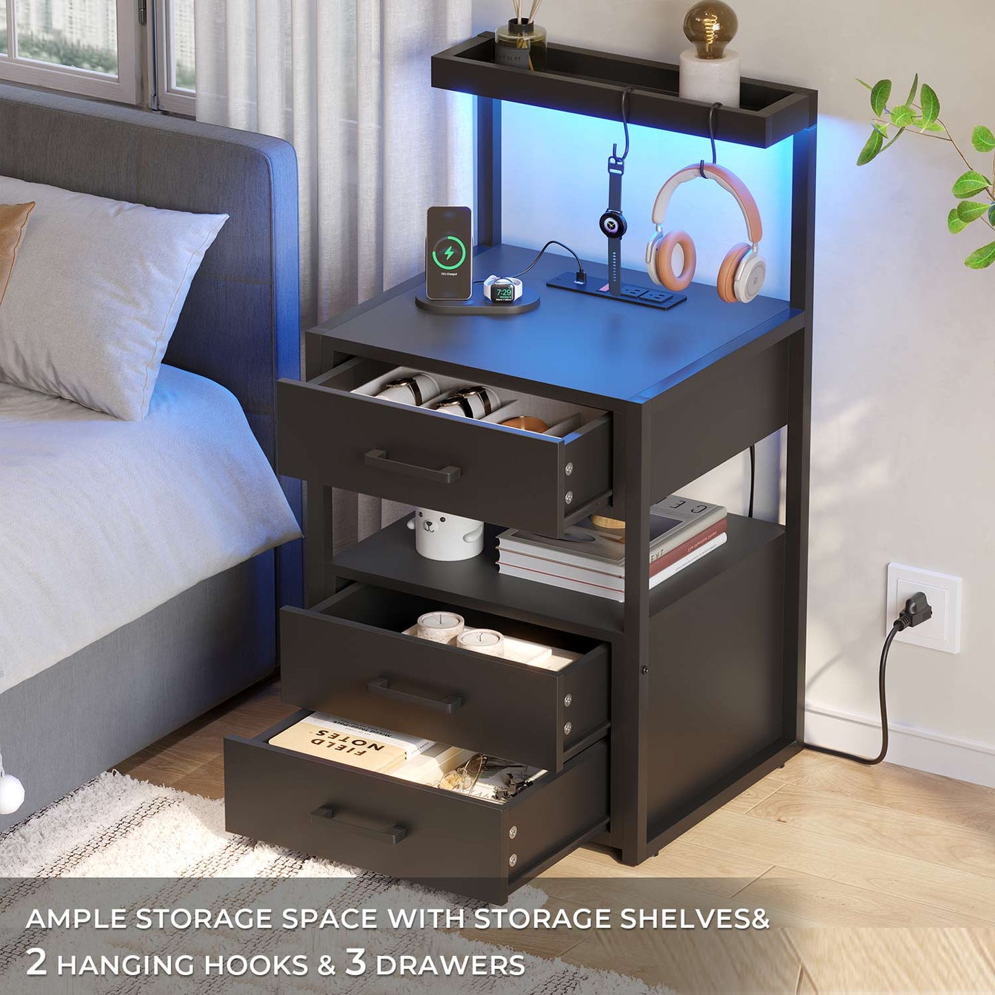 LED Nightstand with 3 Drawers Charging Station Black