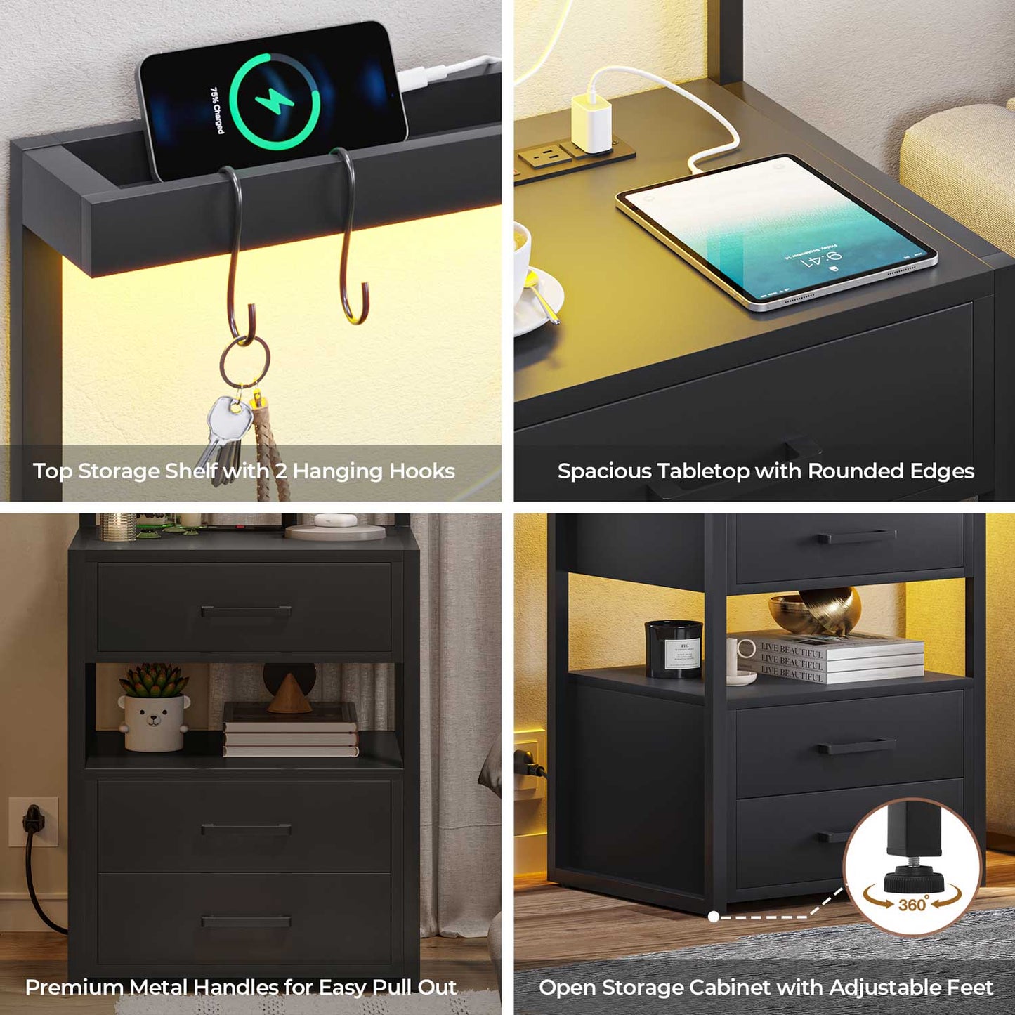 LED Nightstand with 3 Drawers Charging Station Black