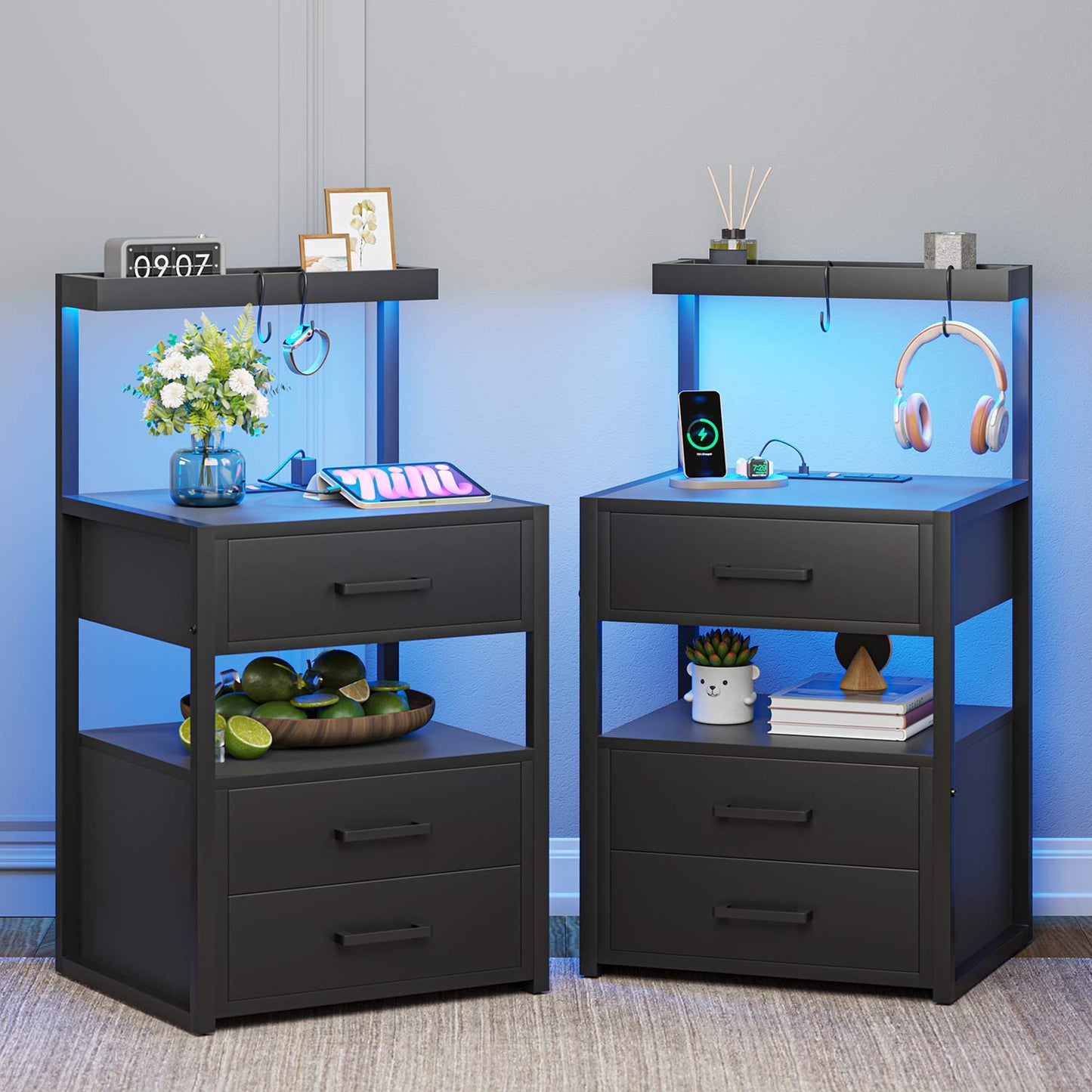 LED Nightstand with 3 Drawers Charging Station Black