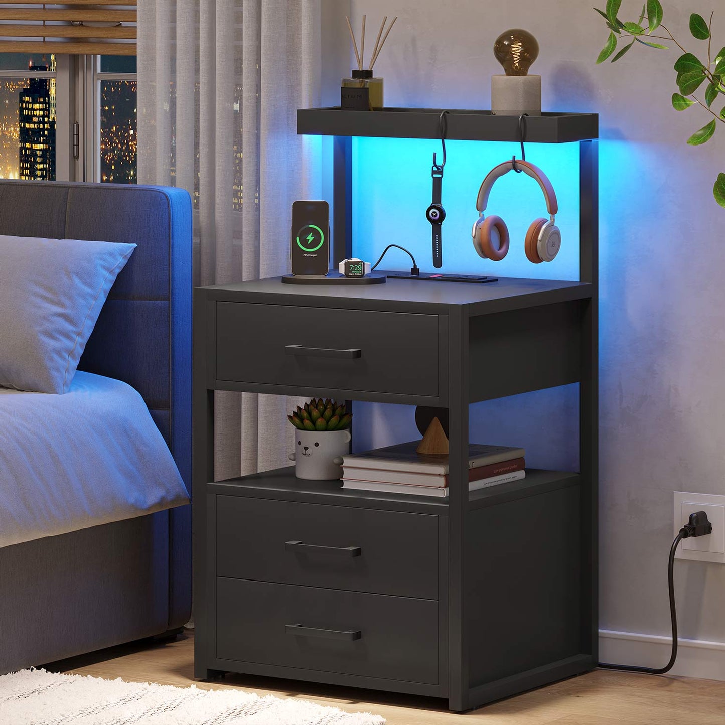 LED Nightstand with 3 Drawers Charging Station Black
