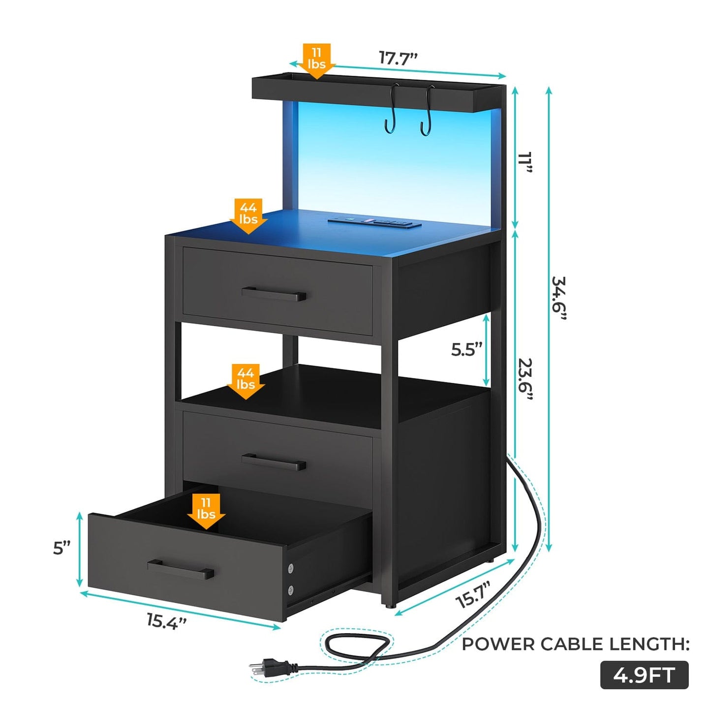 LED Nightstand with 3 Drawers Charging Station Black