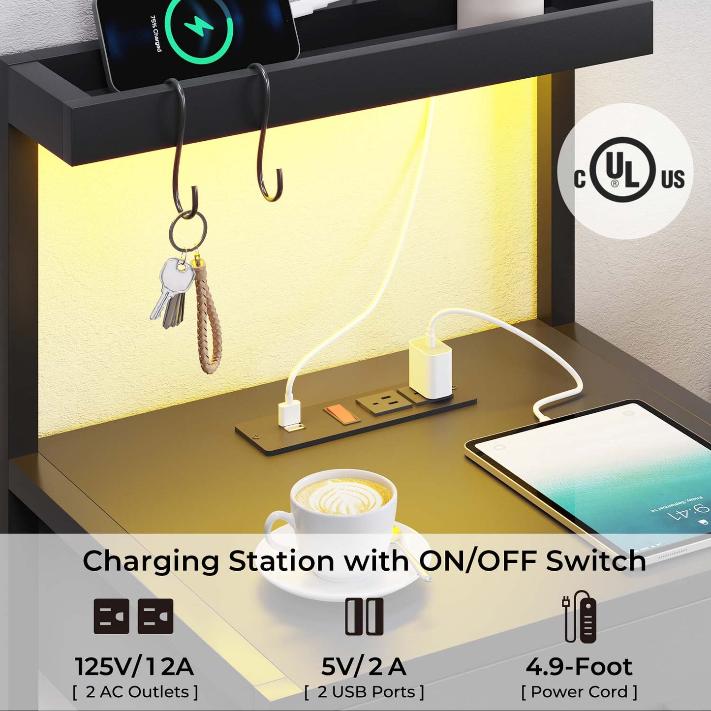 LED Nightstand with 3 Drawers Charging Station Black