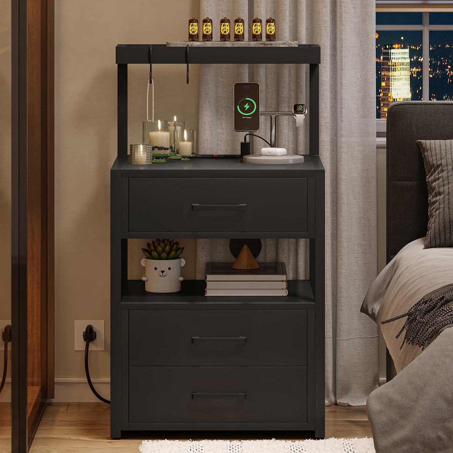 LED Nightstand with 3 Drawers Charging Station Black