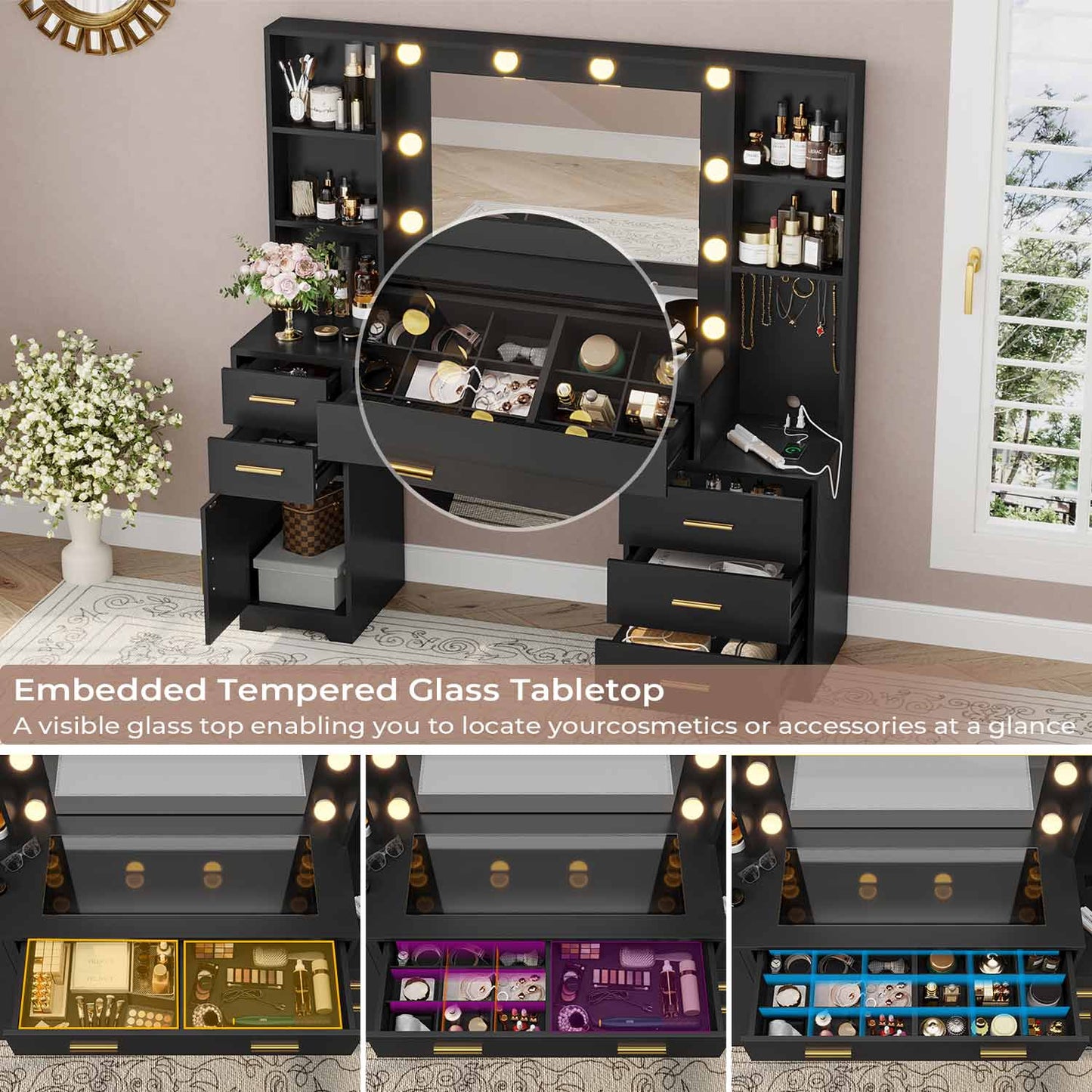 48.8 Inches LED Large Makeup Vanity with Mirror Black