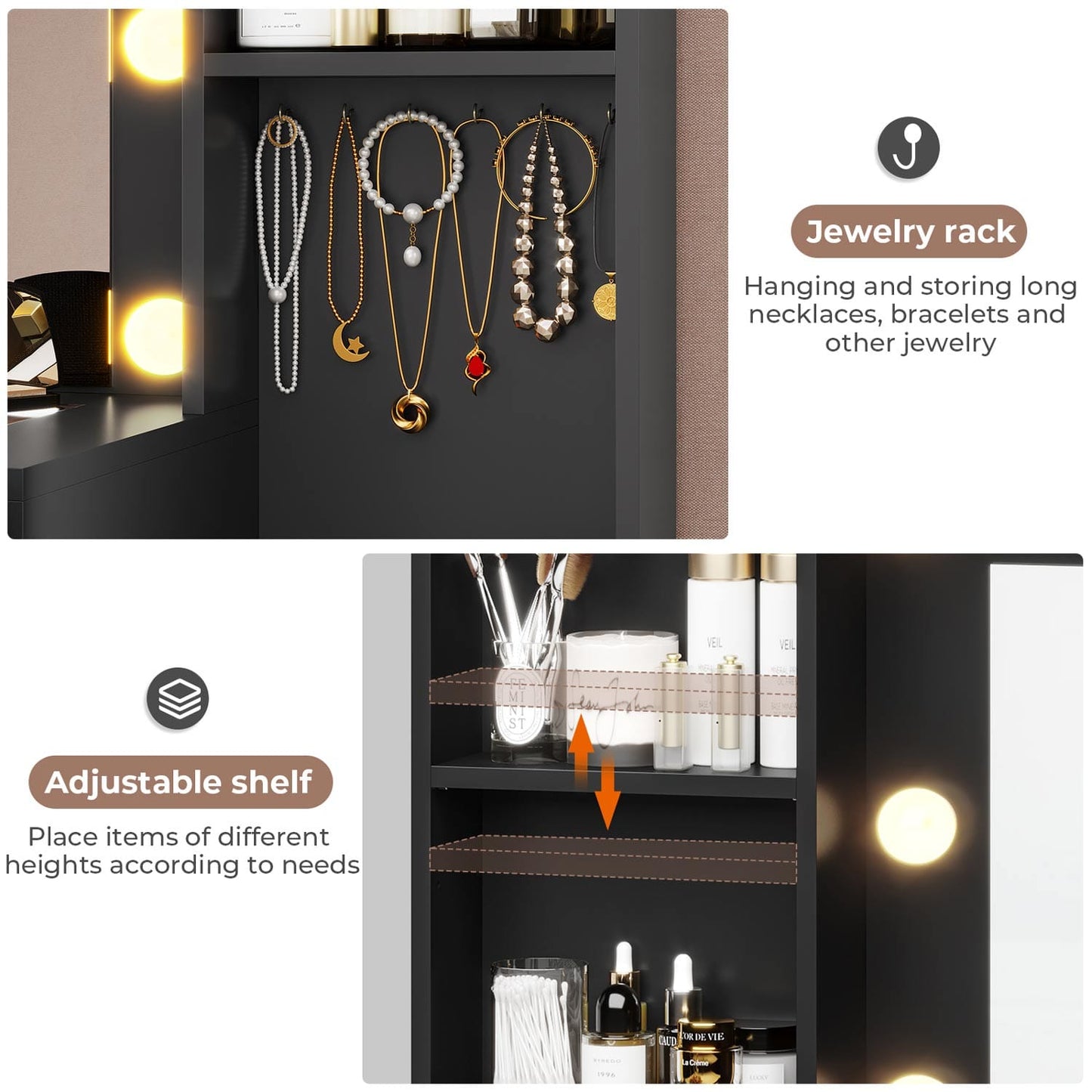 48.8 Inches LED Large Makeup Vanity with Mirror Black